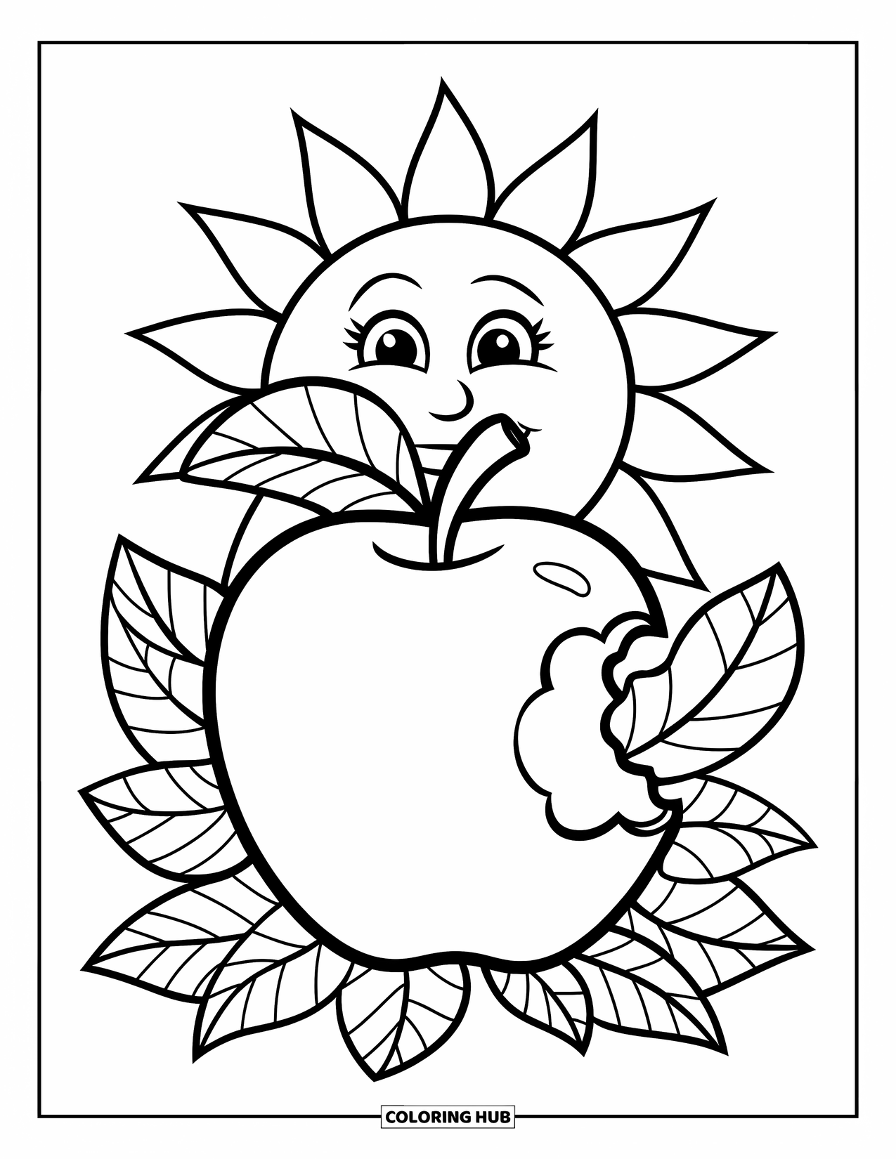 Coloriage de pomme pour enfants : Une pomme avec une petite bouchée et un soleil souriant à l'arrière-plan