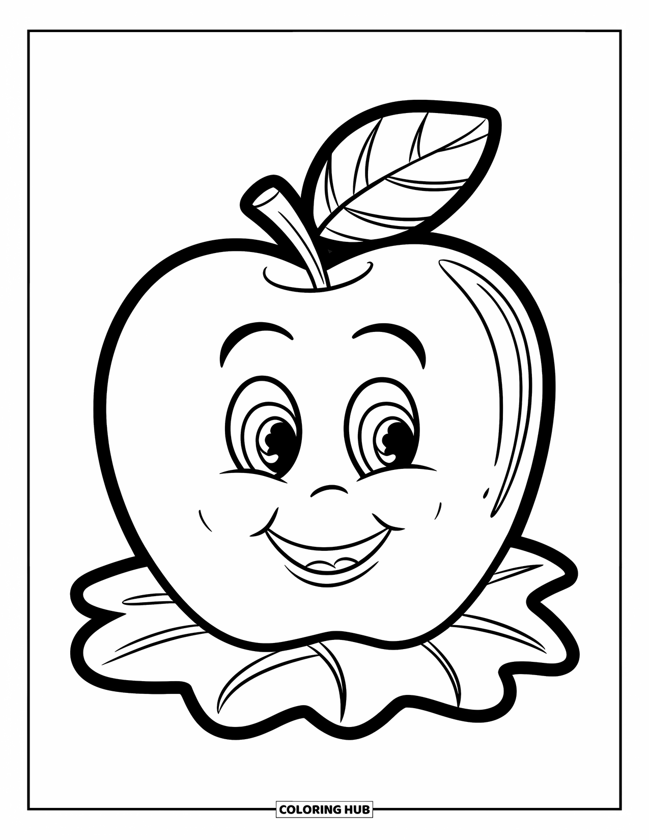 Coloriage de pomme pour enfants : Une pomme avec un visage souriant assise sur une feuille verte