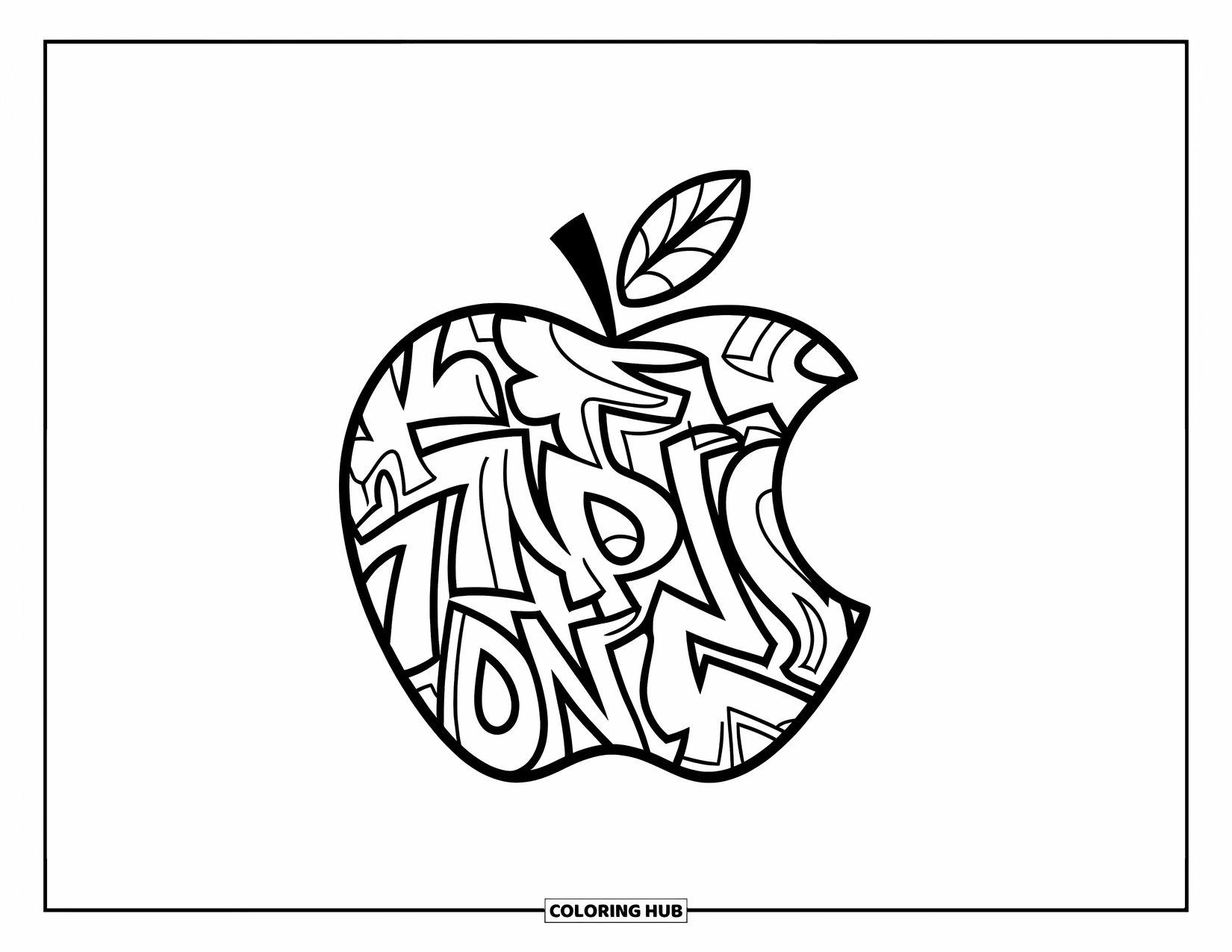 Coloriage de pomme pour enfants : Une pomme avec des motifs de graffitis destinés aux adolescents, avec un look moderne et dynamique