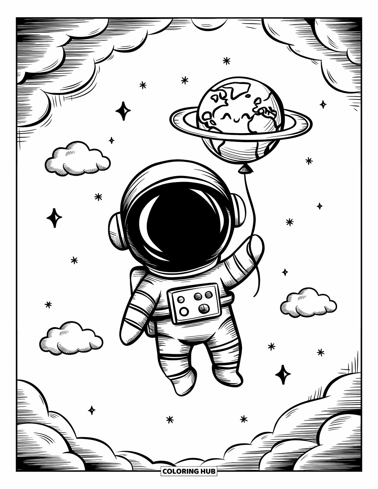 Astronaut Kleurplaat voor Volwassenen: Een vrolijke astronaut houdt een planeetballon vast terwijl hij tussen wolken en fonkelende sterren zweeft