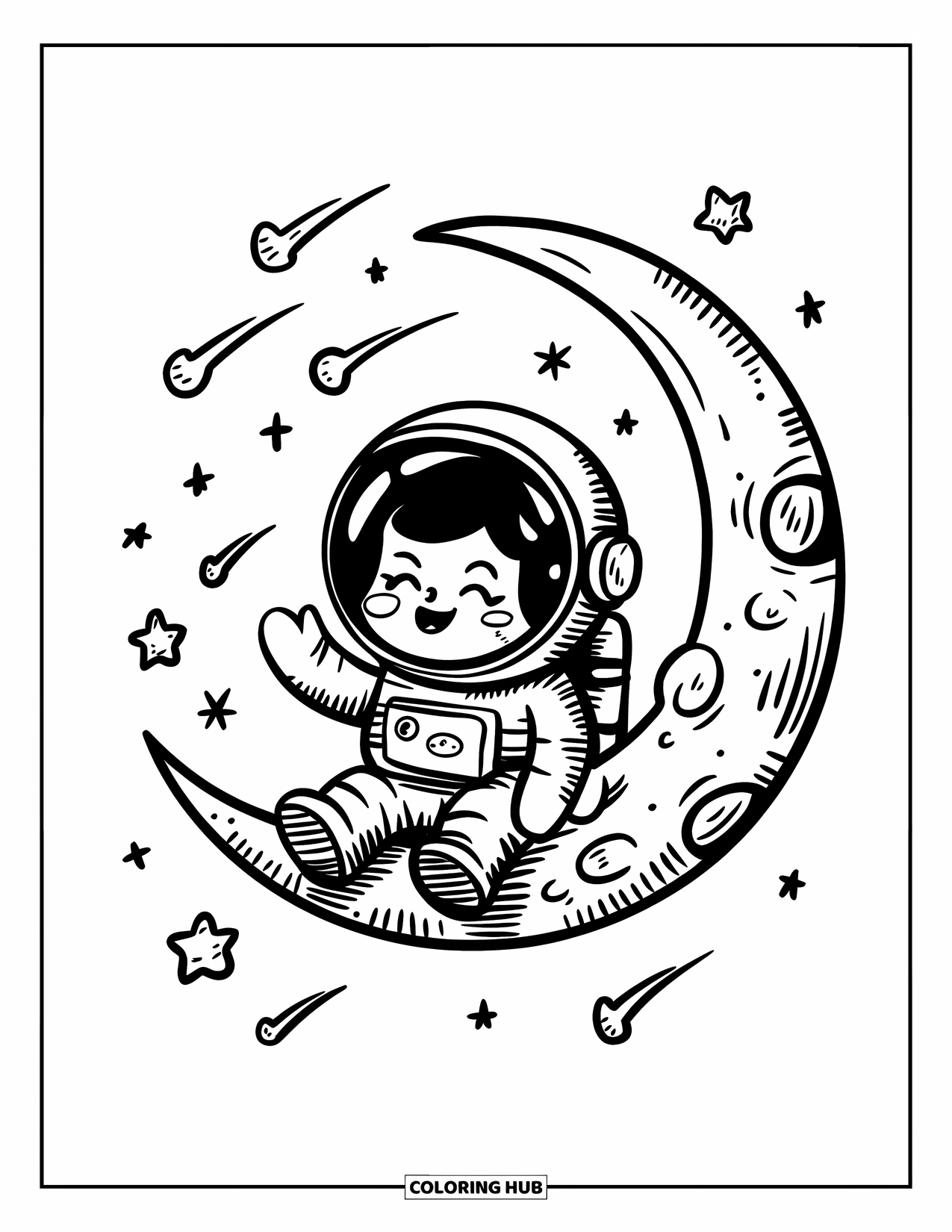 Astronaut Kleurplaat voor Volwassenen: Een vrolijke astronaut zit op een bekraterde maan, omringd door zwevende vallende sterren