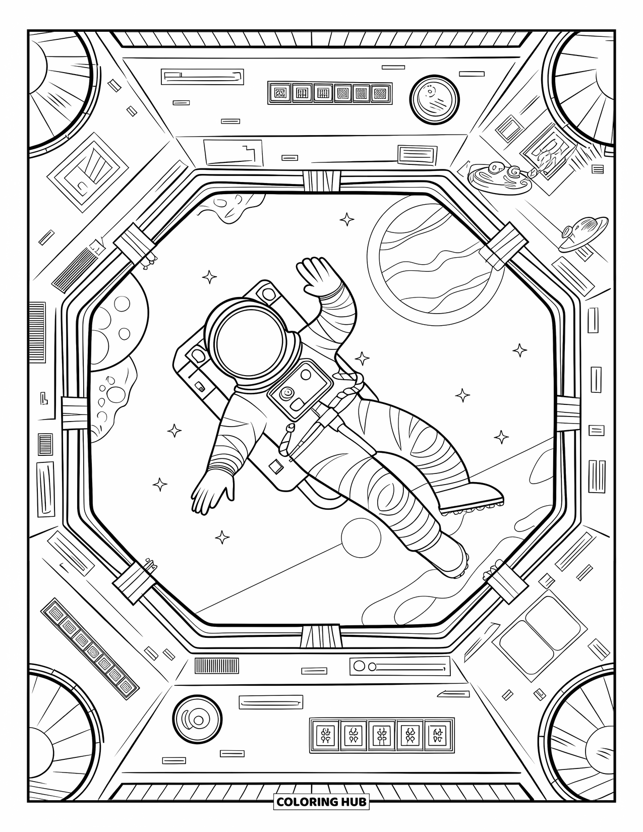 Astronaut Kleurplaat voor Volwassenen: Een gedetailleerde astronaut zweeft in een ruimtestation vol schermen, gereedschappen en bedieningspanelen