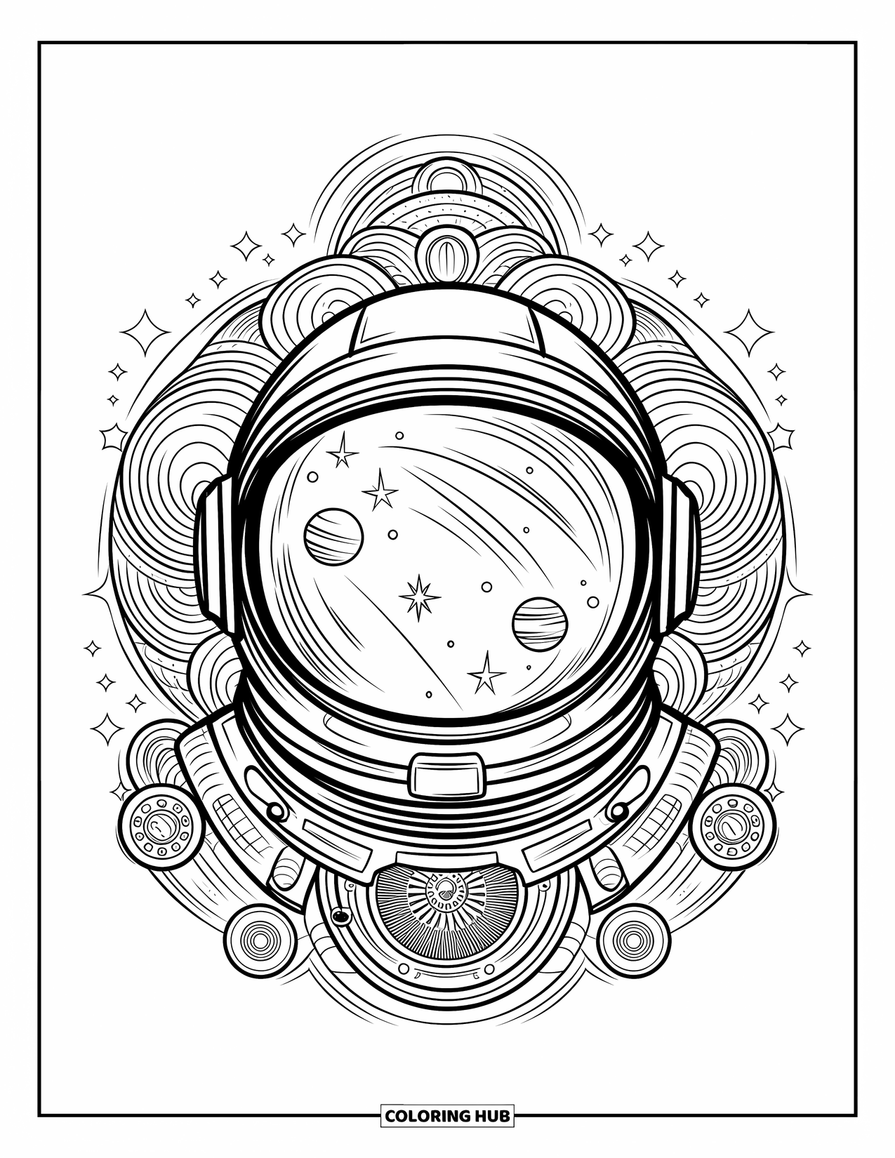 Astronaut Kleurplaat voor Volwassenen: Een gedetailleerde astronautenhelm reflecteert planeten en sterren, omringd door ingewikkelde kosmische patronen