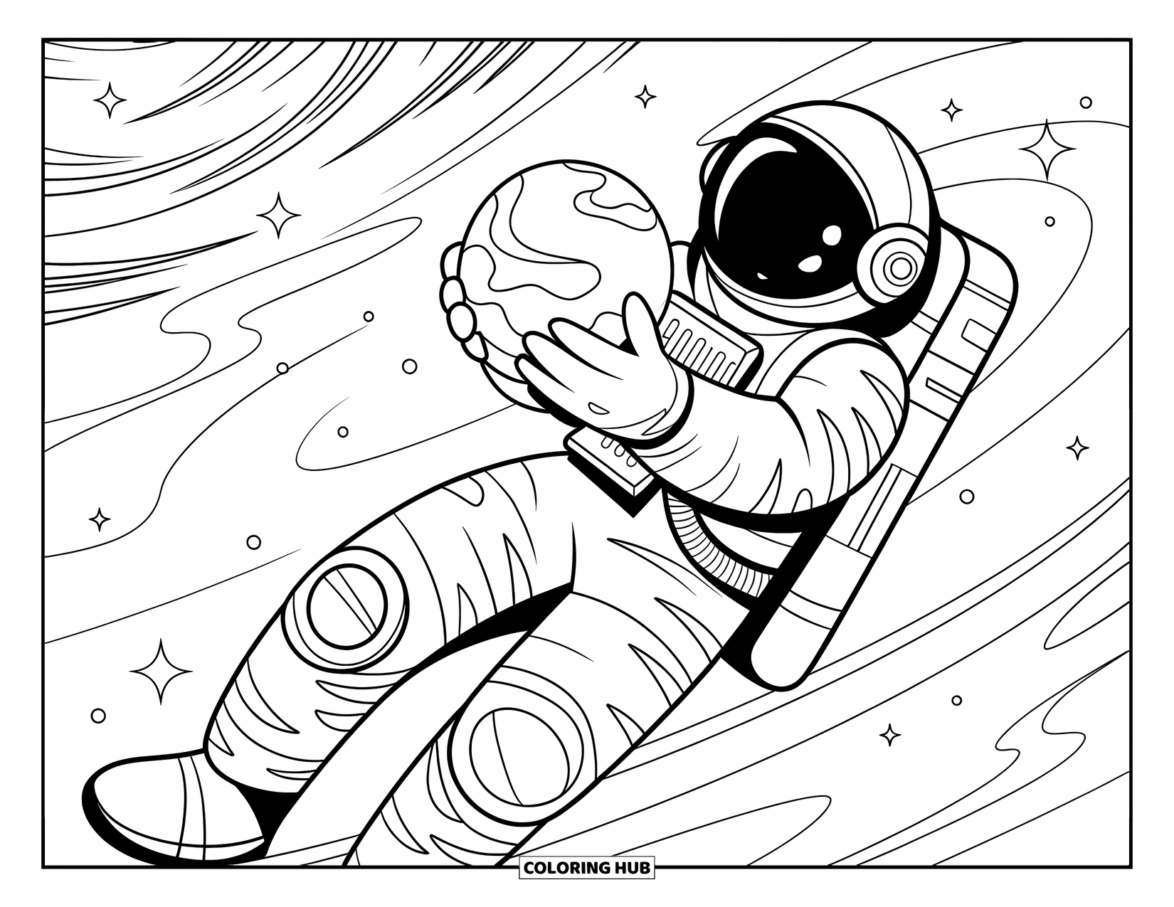 Astronaut Kleurplaat voor Volwassenen: Een zwevende astronaut koestert een kleine planeet terwijl sterrenstelsels en kosmische patronen eromheen wervelen