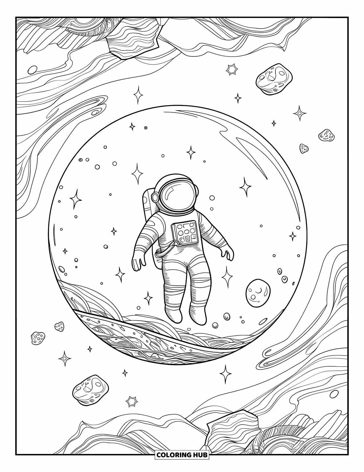 Astronaut Kleurplaat voor Volwassenen: Een zwevende astronaut is ingesloten in een kristallen bol, met ingewikkelde kosmische patronen rondom