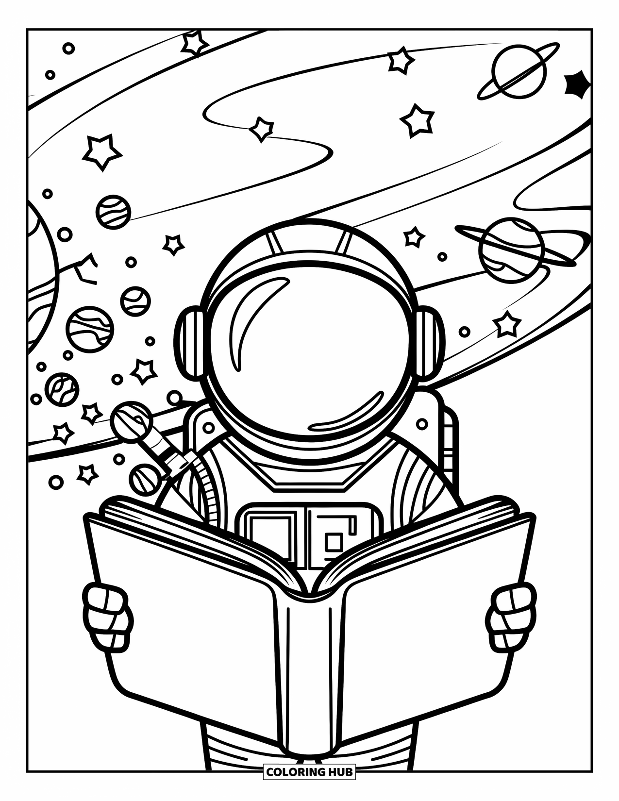 Astronaut Kleurplaat voor Volwassenen: Een zwevende astronaut leest een boek, met sterren en planeten die uit de pagina's tevoorschijn komen