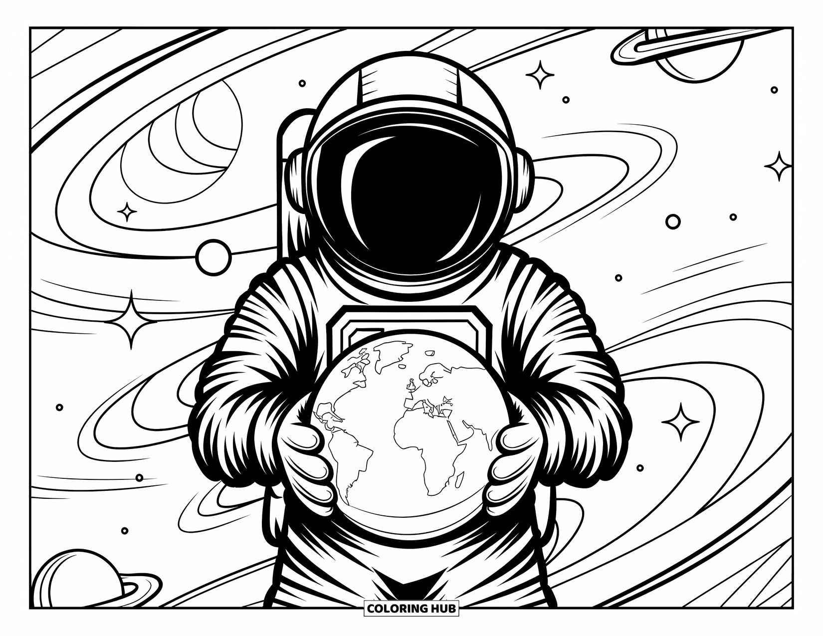 Astronaut Kleurplaat voor Volwassenen: Een gigantische astronaut staart naar een kleine planeet in hun handen, omringd door wervelende sterrenstelsels