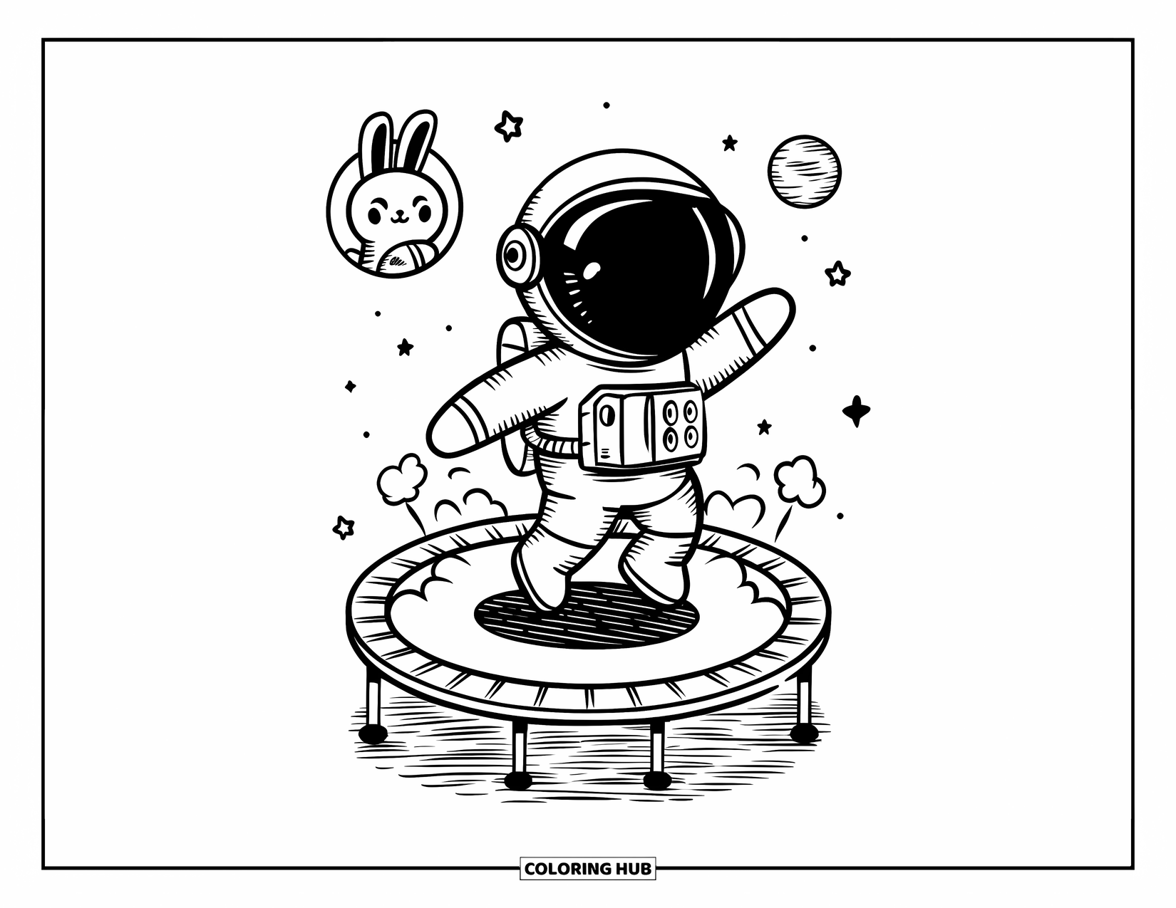 Astronaut Kleurplaat voor Volwassenen: Een vrolijke astronaut stuitert op een trampoline-achtige planeet en stuurt stervormig stof de ruimte in