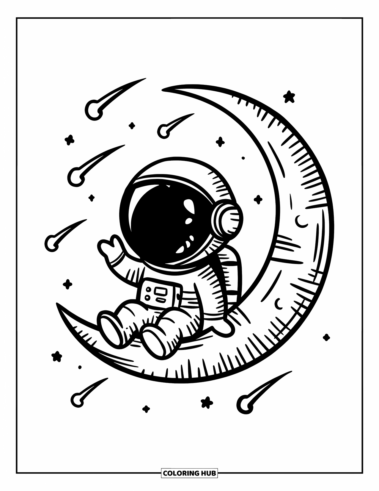 Astronaut Kleurplaat voor Volwassenen: Een vrolijke astronaut zit op een maansikkel en zwaait terwijl sterren fonkelen op de achtergrond