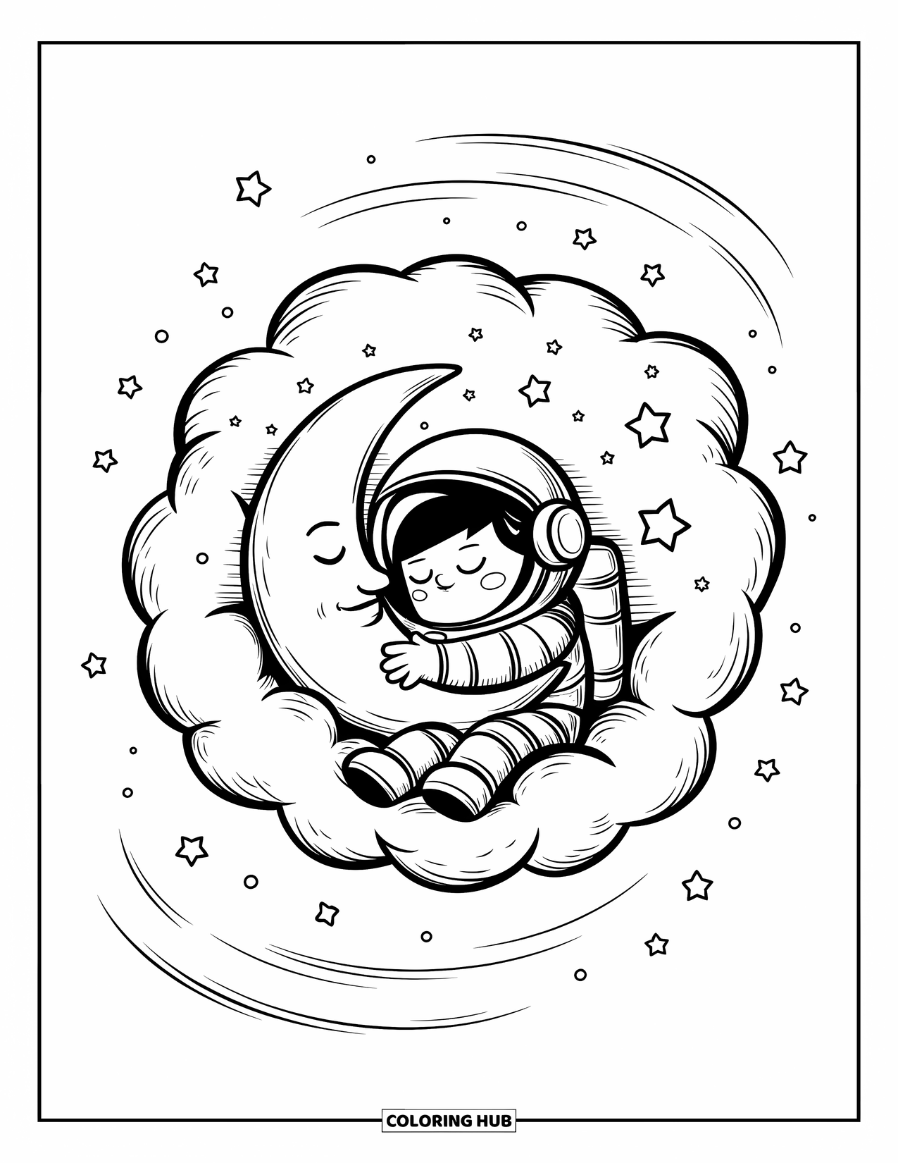 Astronaut Kleurplaat voor Volwassenen: Een slaperige astronaut knuffelt een maansikkel terwijl hij rust op een zachte kosmische wolk