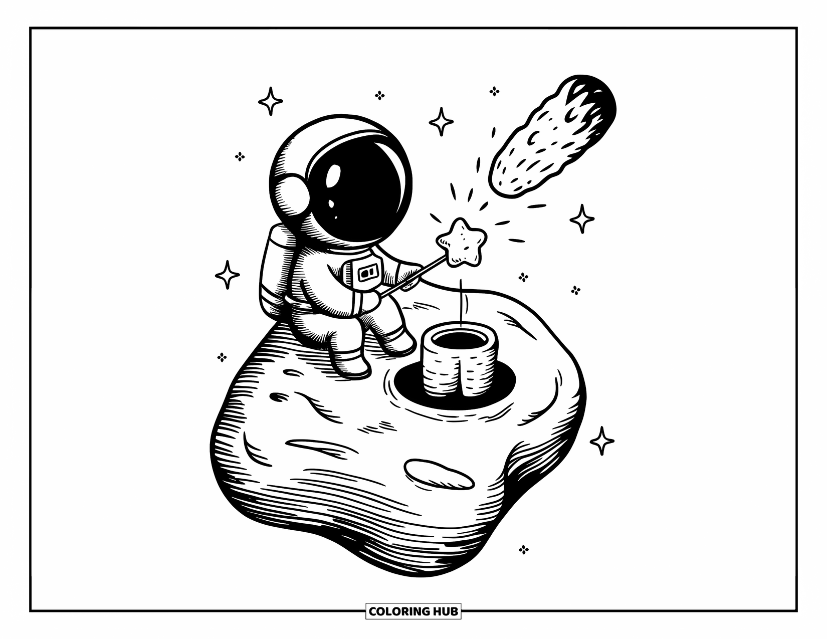 Astronaut Kleurplaat voor Volwassenen: Een kleine astronaut toast een mini-sterrentraktatie op een zwevende meteoor, omringd door fonkelende lichtjes