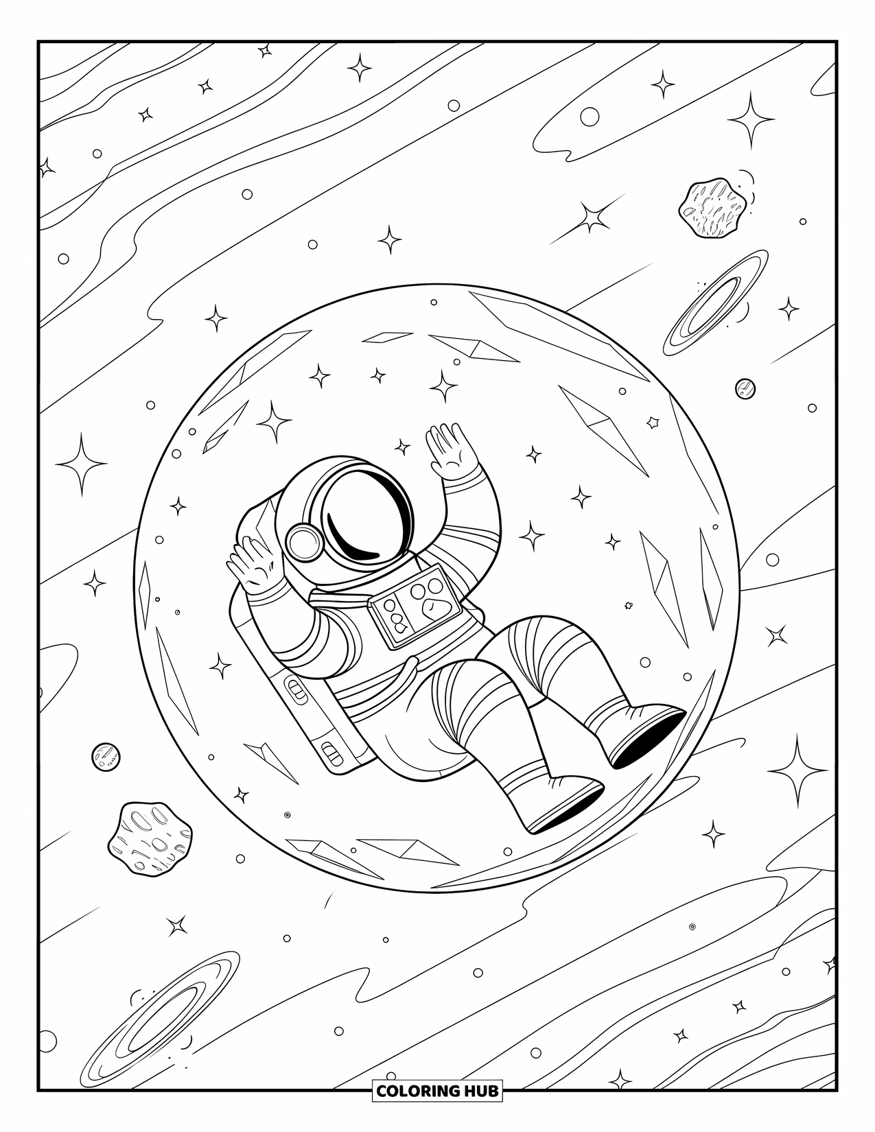 Astronaut Kleurplaat voor Volwassenen: Een surrealistische astronaut zweeft in een kristallen bol, zwevend in de ruimte met asteroïden en sterrenstelsels