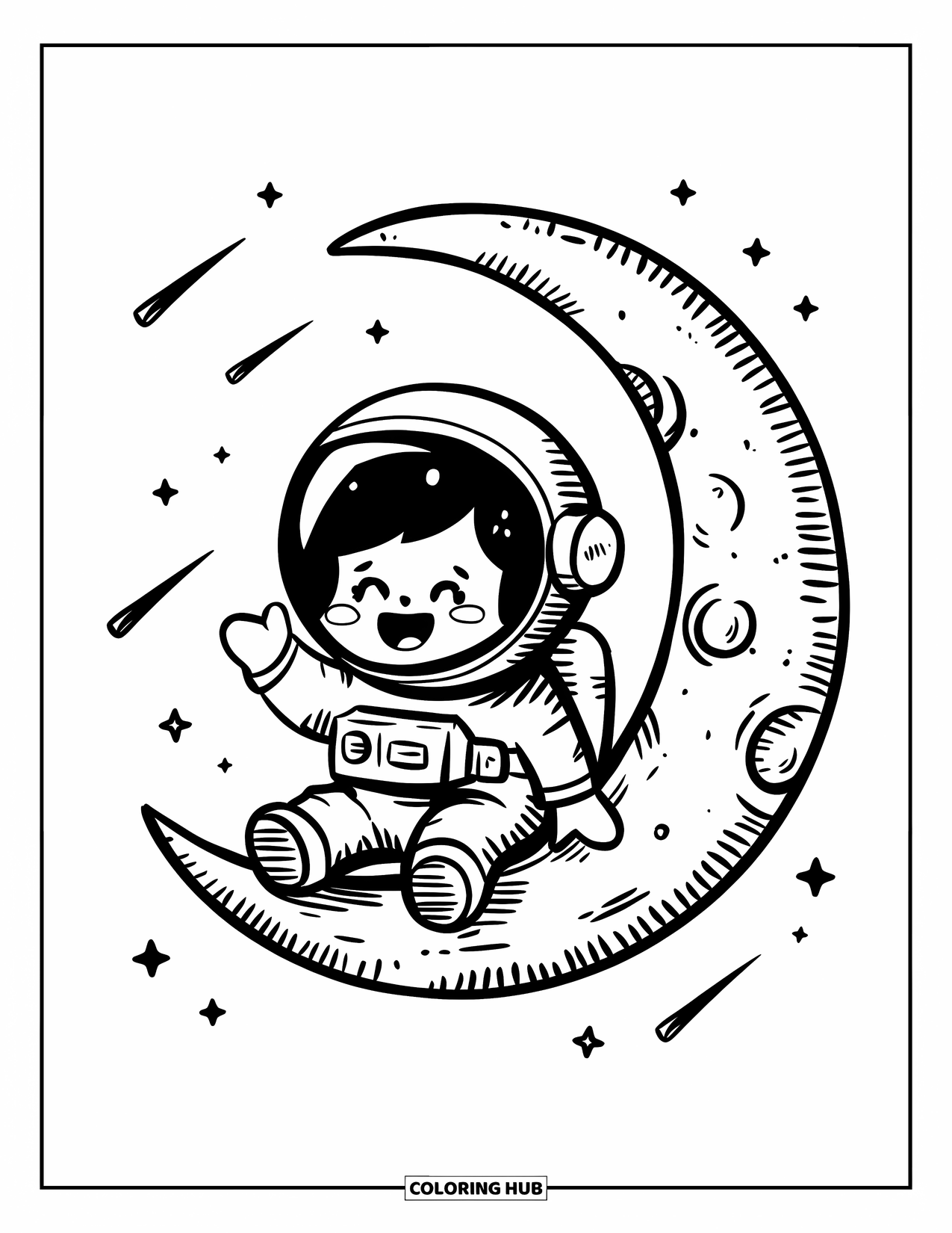 Astronaut Kleurplaat voor Volwassenen: Een astronaut zweeft op een maansikkel en zwaait terwijl kleine sterren door de lucht schieten