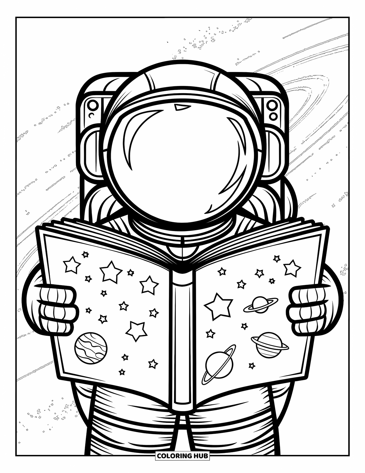 Astronaut Kleurplaat voor Volwassenen: Een astronaut houdt een open boek vast terwijl sterren en planeten uit de gloeiende pagina's stromen