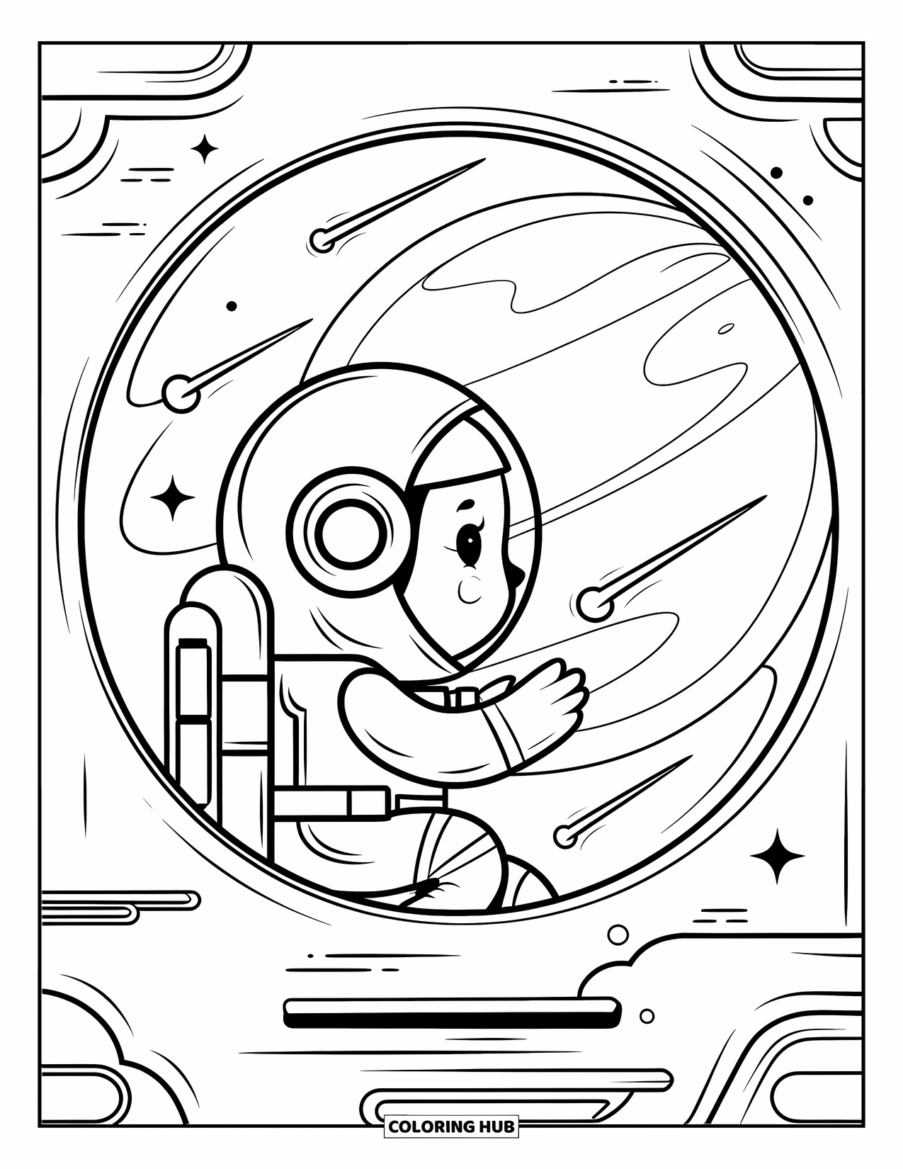 Astronaut Kleurplaat voor Volwassenen: Een astronaut in een glazen ruimteschip drukt hun handen tegen het raam en bewondert een gigantische planeet