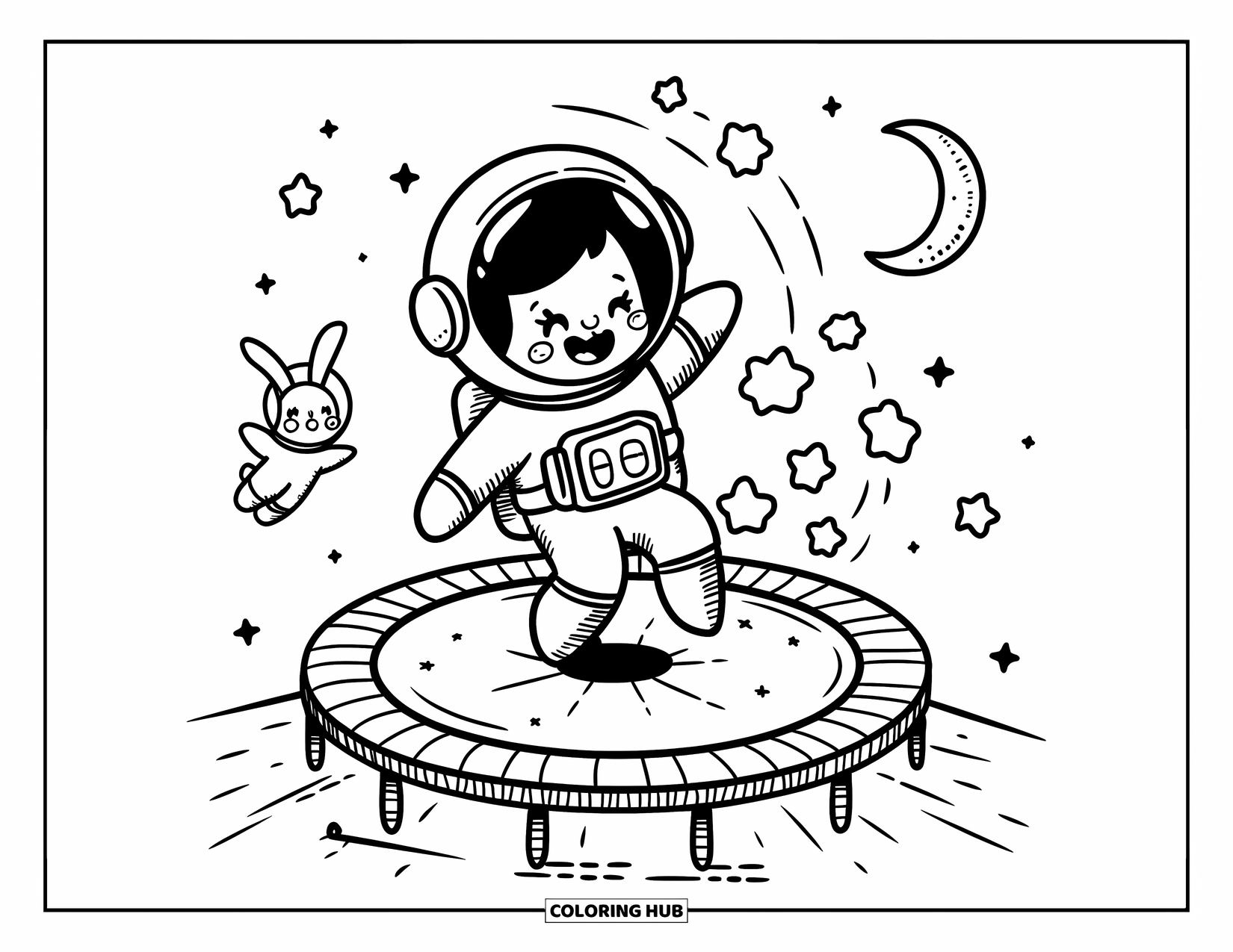 Astronaut Kleurplaat voor Volwassenen: Een astronaut springt op een veerkrachtige planeet, terwijl een klein ruimtekonijntje in de buurt zweeft