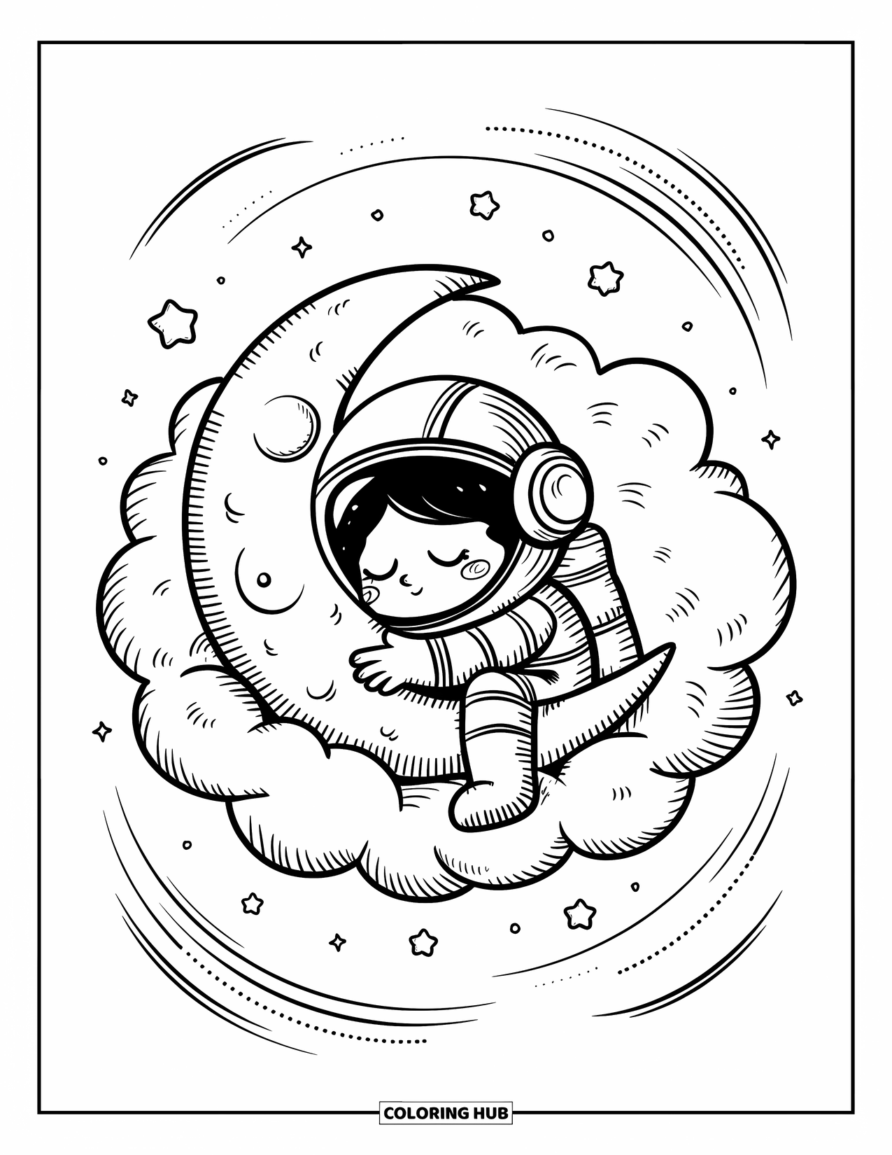 Astronaut Kleurplaat voor Volwassenen: Een astronaut doet een dutje in een zachte kosmische wolk en knuffelt een maansikkel met zwevende sterren