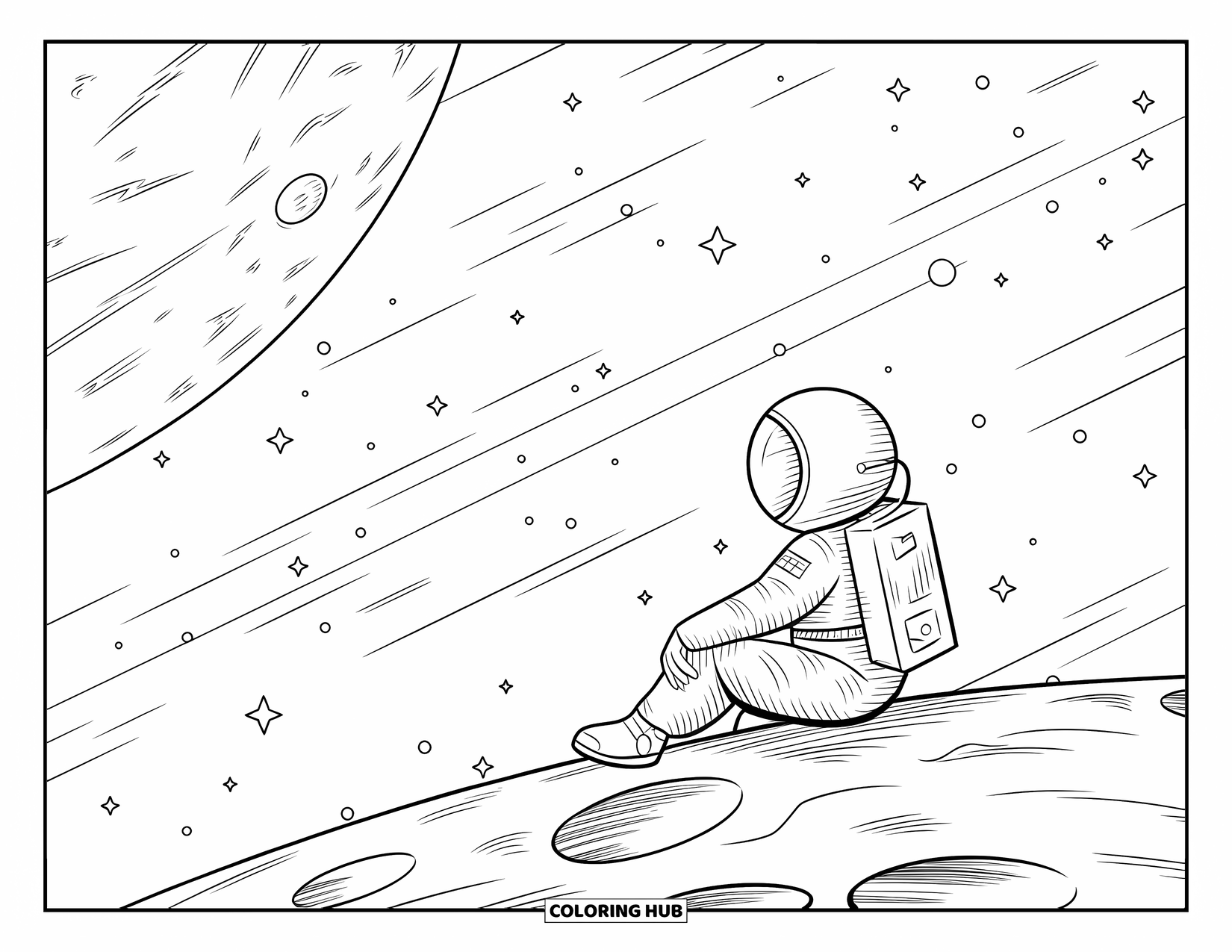 Astronaut Kleurplaat voor Volwassenen: Een astronaut zit op de rand van een enorme planeet en bewondert het uitgestrekte universum voor zich