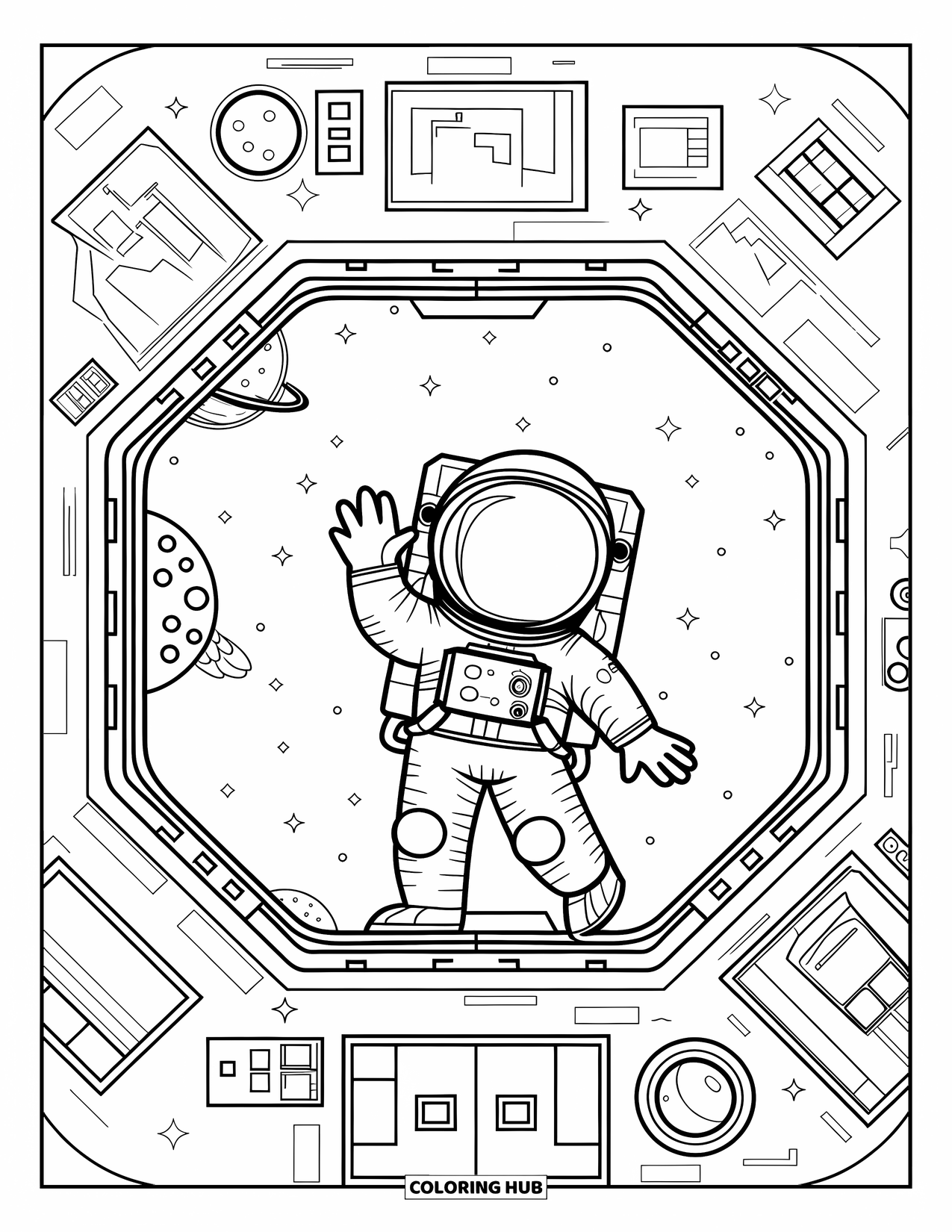 Astronaut Kleurplaat voor Volwassenen: Een astronaut staat in een ruimtestation, omringd door knoppen, schermen en zwevende gereedschappen