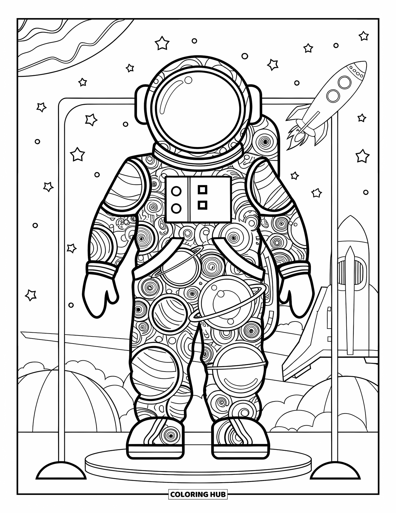 Astronaut Kleurplaat voor Volwassenen: Een astronautenpak met wervelende patronen met ruimtethema hangt op een standaard, met een raket op de achtergrond