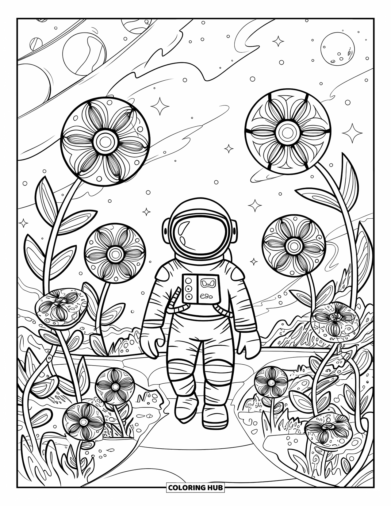 Astronaut Kleurplaat voor Volwassenen: Een astronaut loopt door een mystieke ruimtetuin die bloeit met gloeiende kosmische bloemen