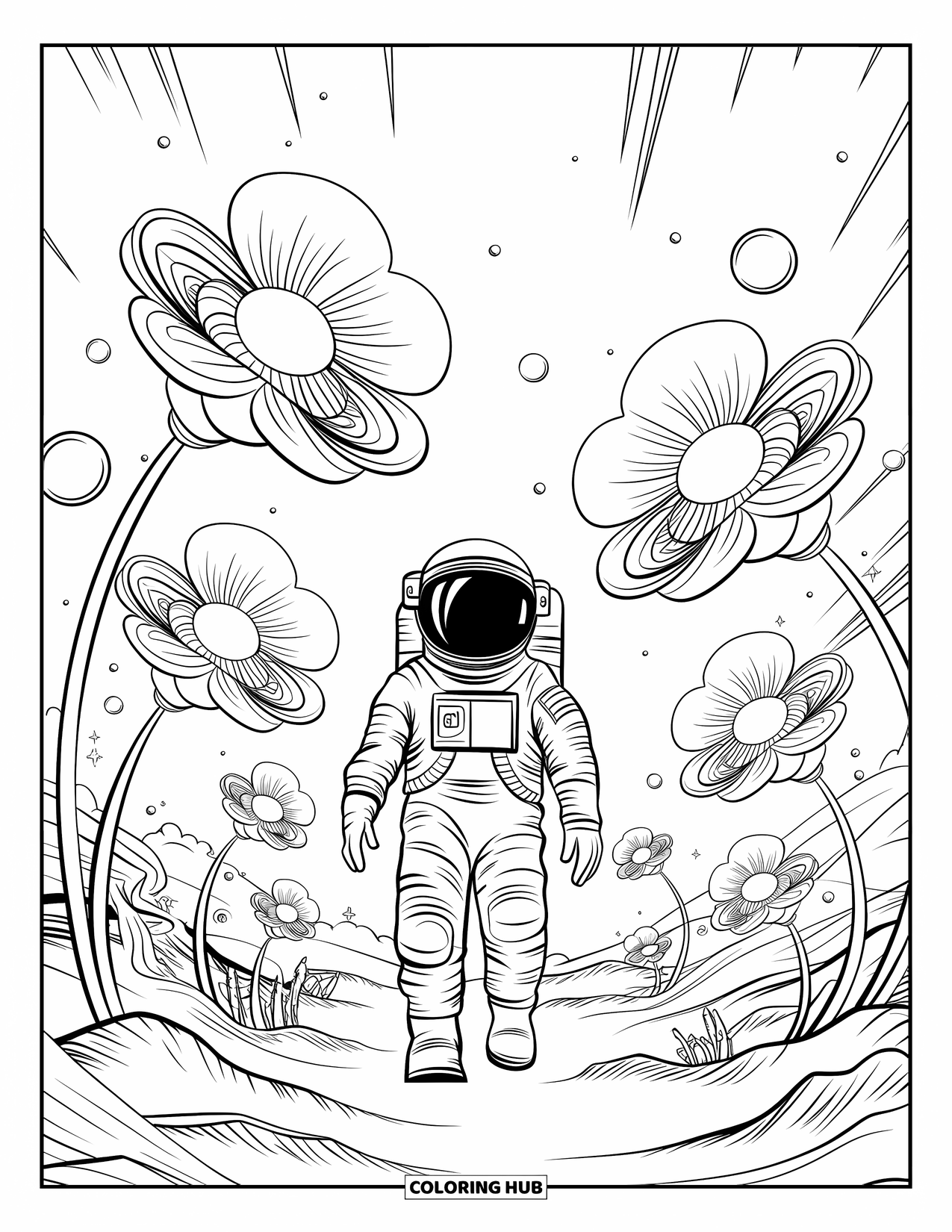 Astronaut Kleurplaat voor Volwassenen: Een astronaut loopt door een mystieke ruimtetuin, omringd door gloeiende kosmische bloemen en zwevende bollen