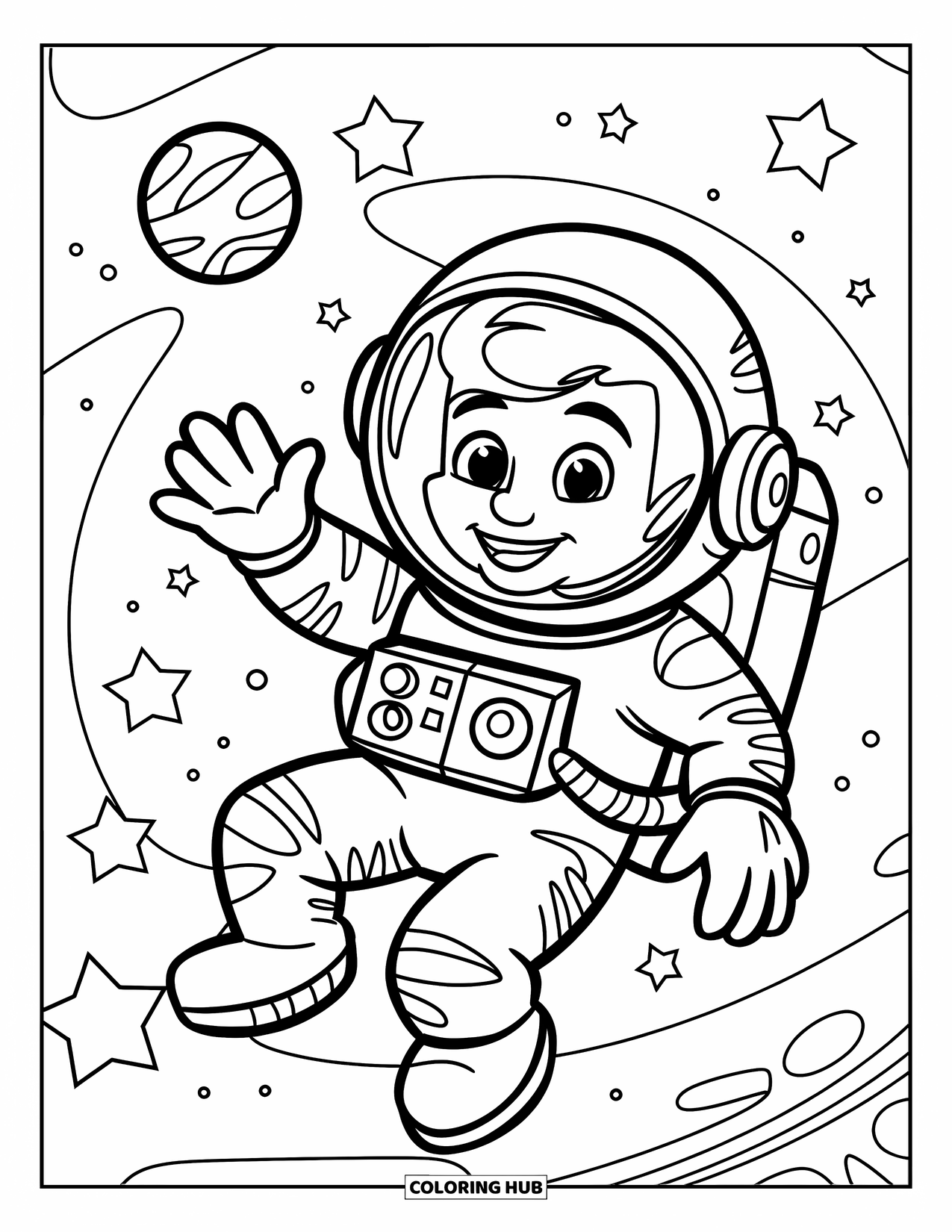 Astronaut Kleurplaat voor Kinderen: Een vrolijke astronaut zweeft in de ruimte en zwaait vrolijk met sterren op de achtergrond