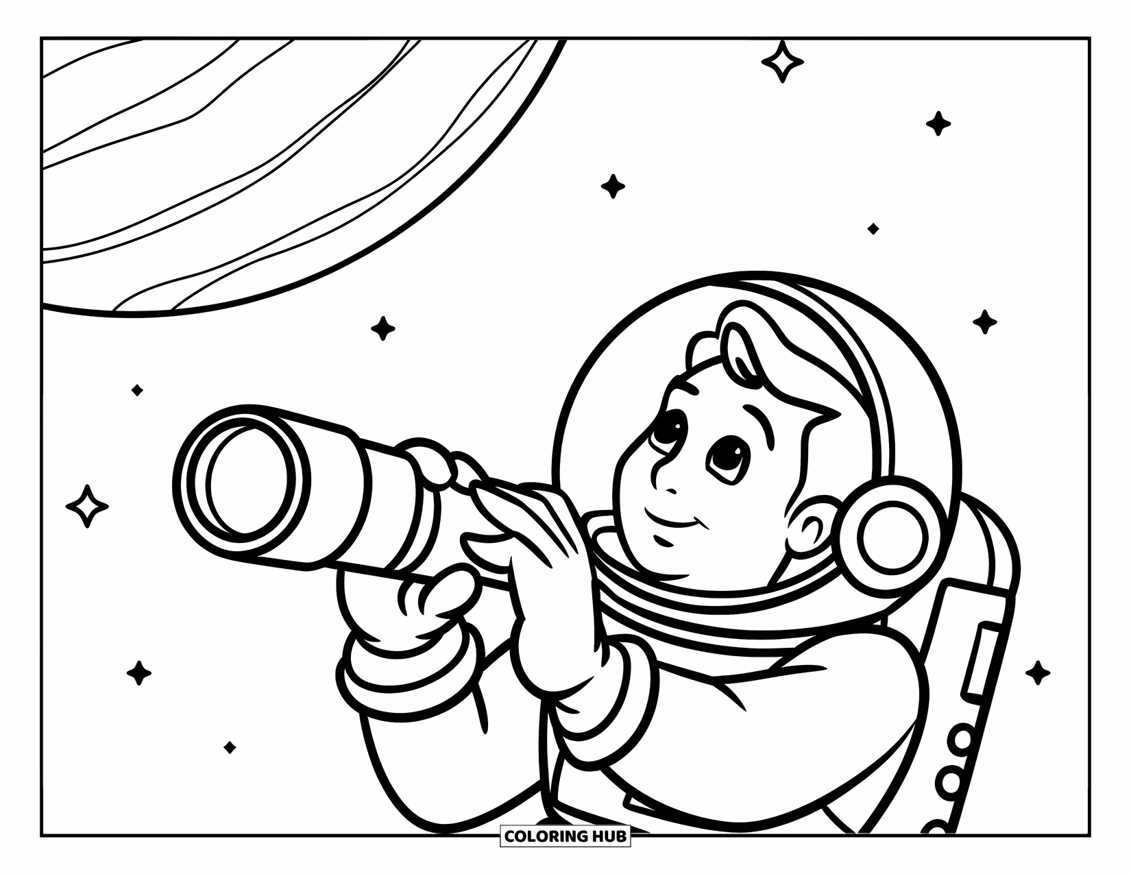 Astronaut Kleurplaat voor Kinderen: Een mollige astronaut houdt een telescoop vast en kijkt omhoog naar een gigantische planeet aan de hemel