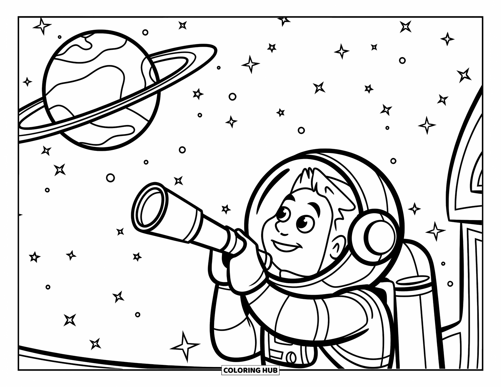 Astronaut Kleurplaat voor Kinderen: Een mollige astronaut op een platform kijkt omhoog naar een gigantische planeet in een sterrenhemel