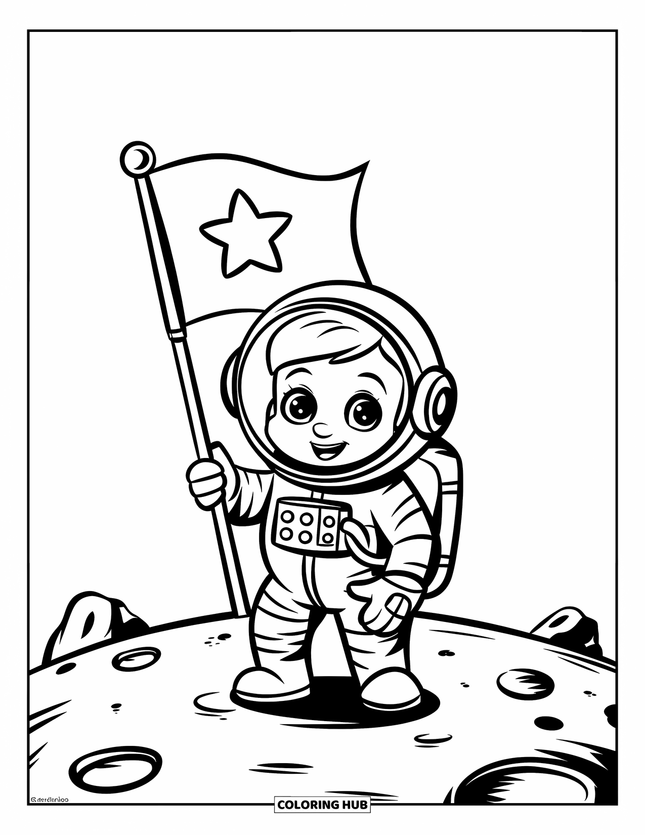 Astronaut Kleurplaat voor Kinderen: Een schattige astronaut staat op de maan en houdt een vlag met een ster vast