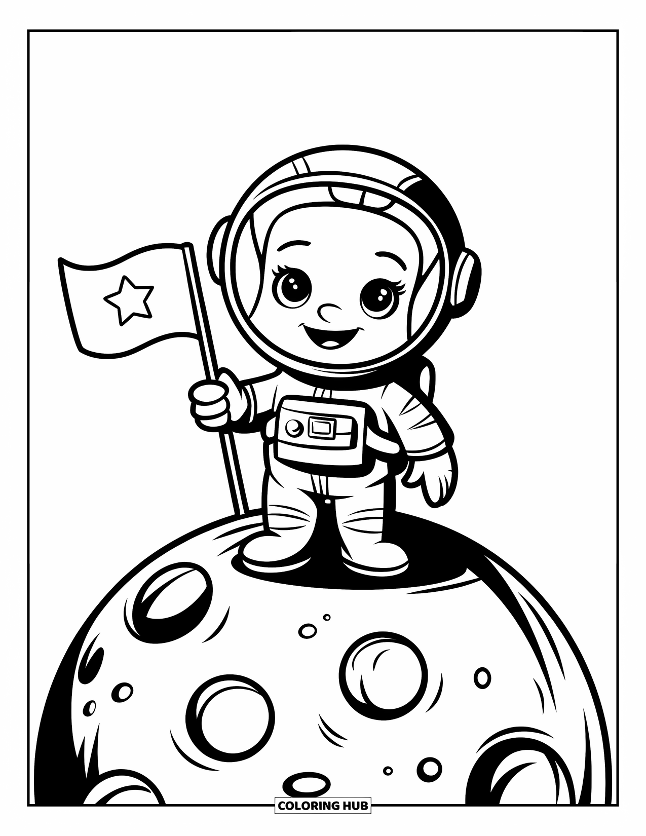 Astronaut Kleurplaat voor Kinderen: Een schattige astronaut met een sterrenvlag verkent het bekraterde oppervlak van de maan