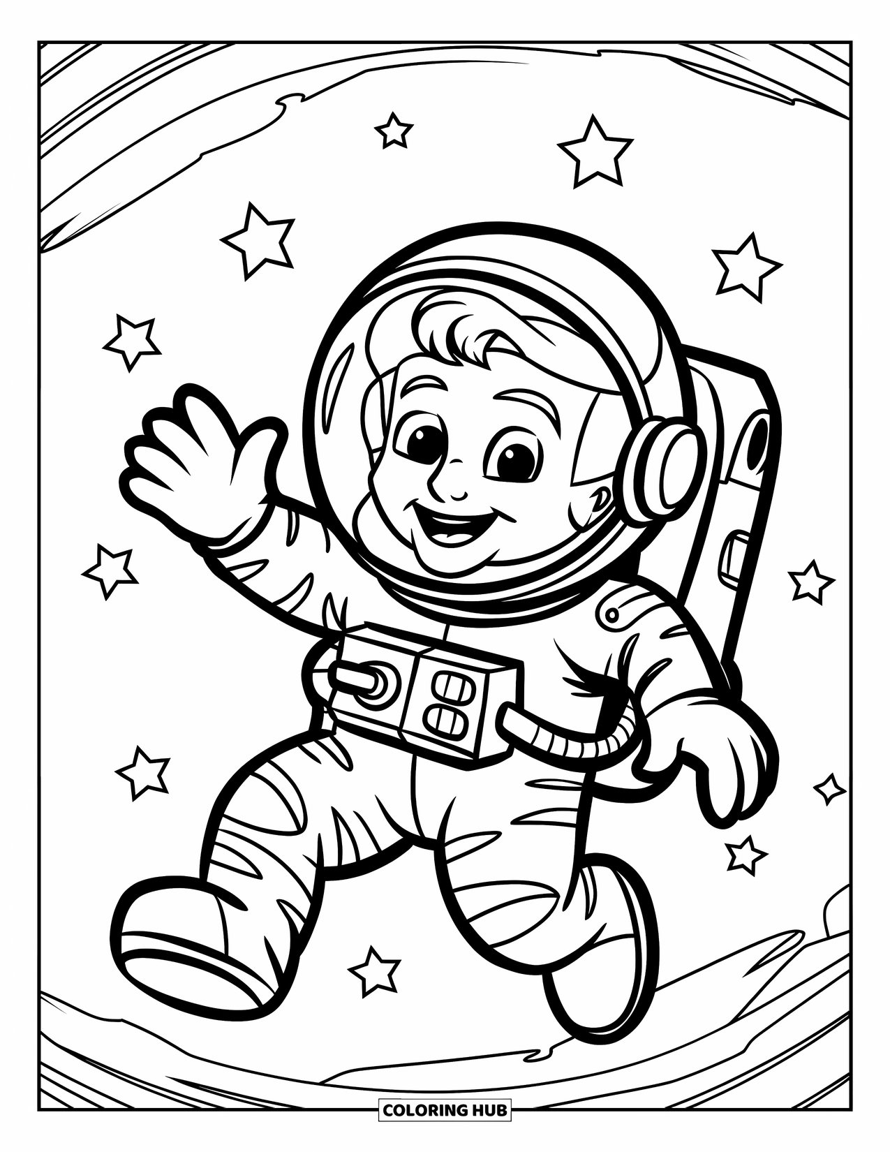 Astronaut Kleurplaat voor Kinderen: Een vriendelijke astronaut zweeft door de ruimte en zwaait met een heldere sterrenhemel achter zich