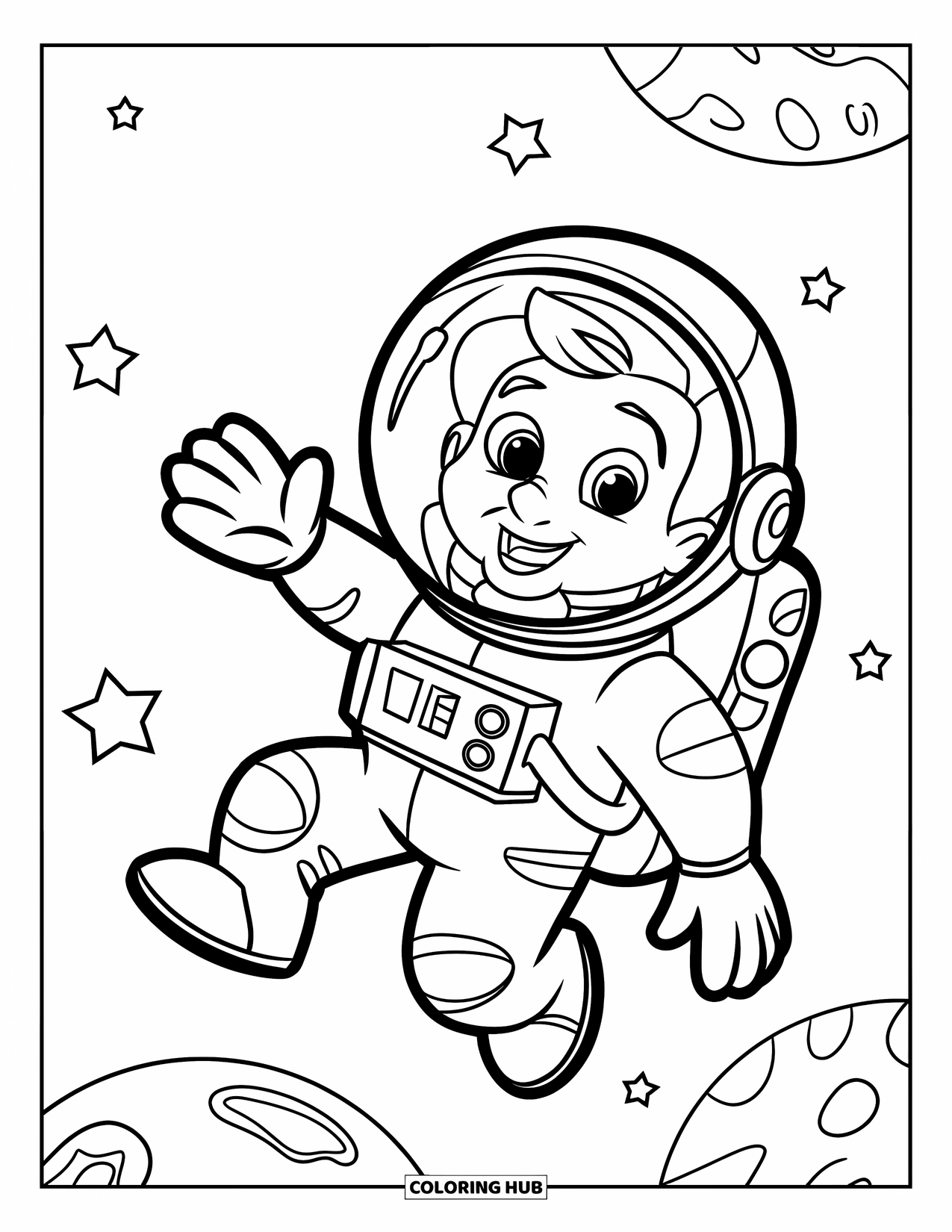 Astronaut Kleurplaat voor Kinderen: Een vriendelijke astronaut zwaait terwijl hij in de ruimte zweeft, omringd door fonkelende sterren