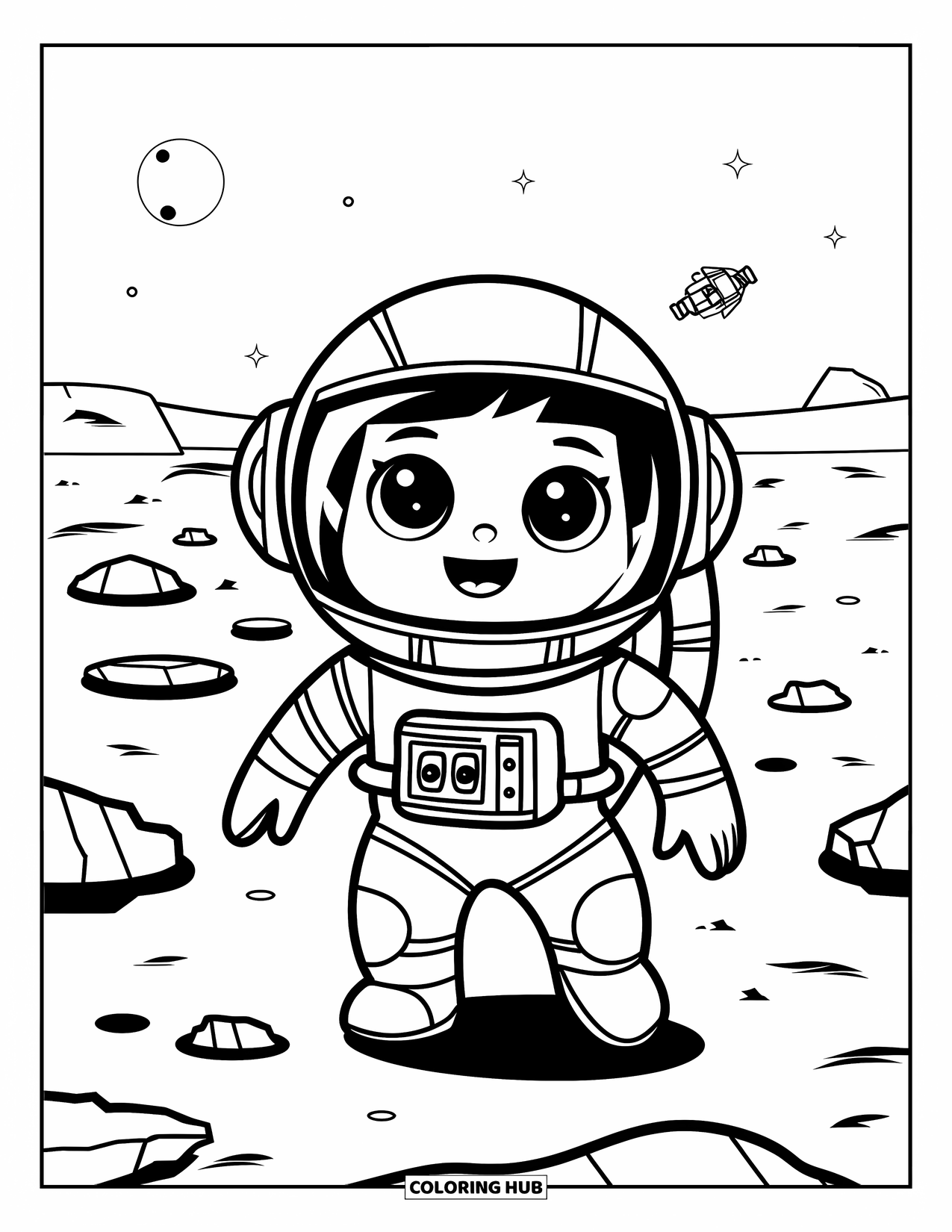 Astronaut Kleurplaat voor Kinderen: Een kawaii astronaut verkent Mars, omringd door kraters, rotsen en een ruimteschip in de verte