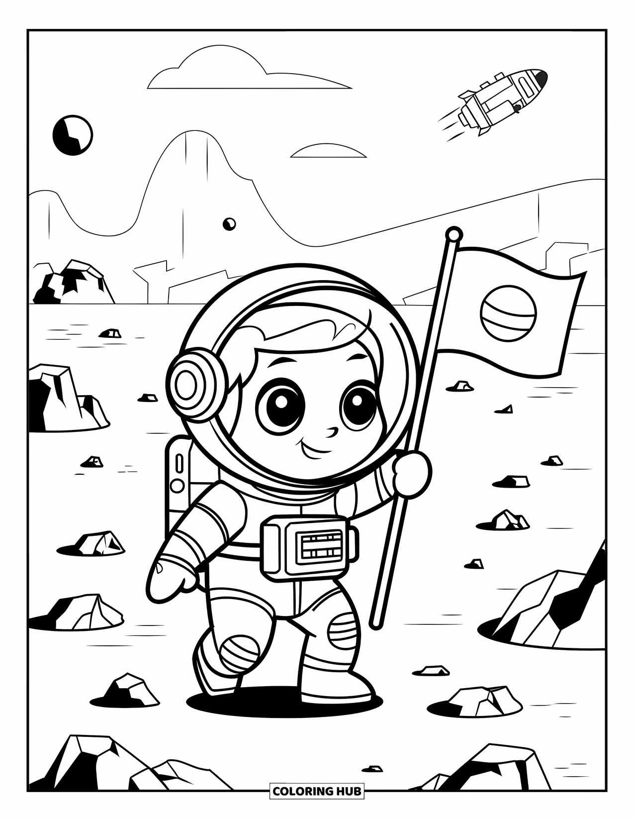 Astronaut Kleurplaat voor Kinderen: Een kawaii astronaut houdt een vlag vast terwijl hij Mars verkent, met kraters en een ruimteschip in de buurt
