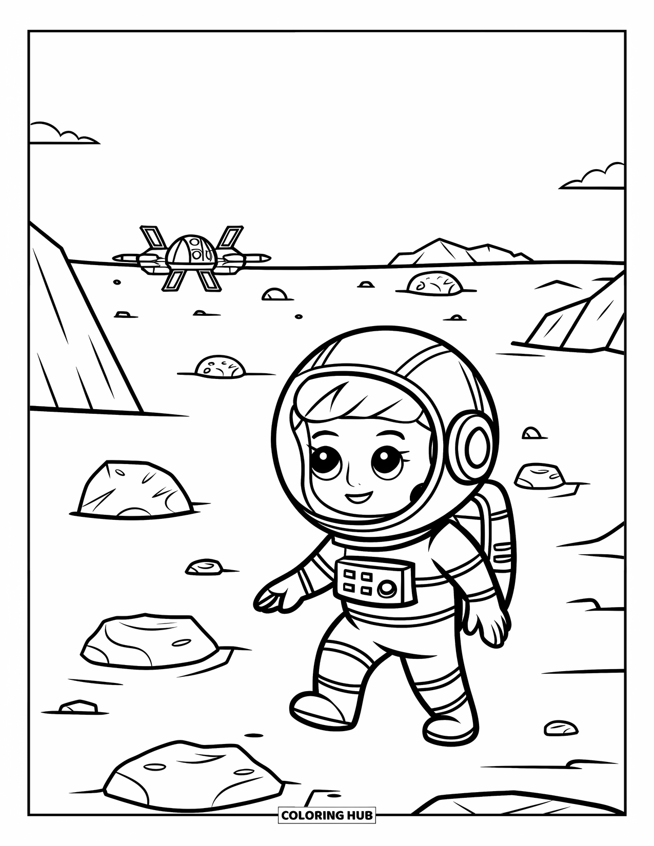 Astronaut Kleurplaat voor Kinderen: Een kawaii astronaut met een helm verkent Mars met kraters en een ruimteschip op de achtergrond
