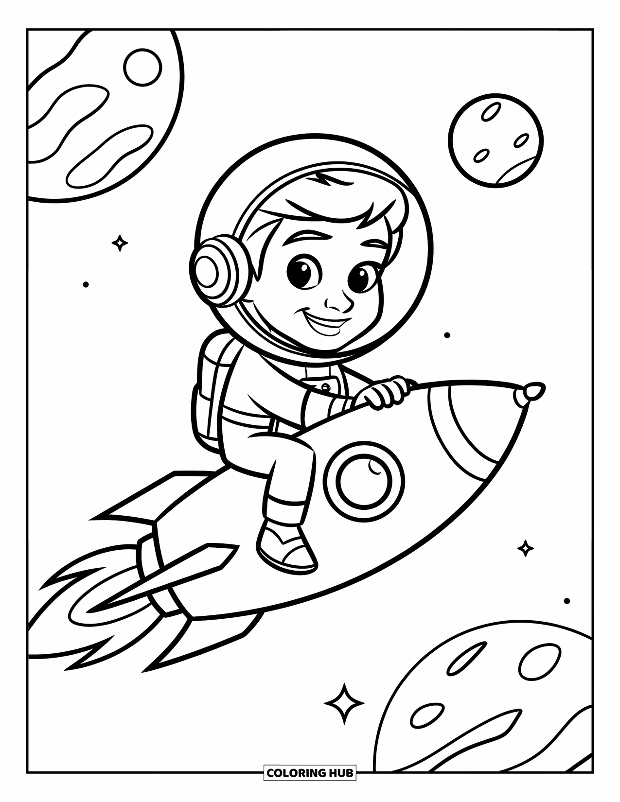 Astronaut Kleurplaat voor Kinderen: Een lachende astronaut zweeft op een kleine raket door de ruimte met planeten achter zich
