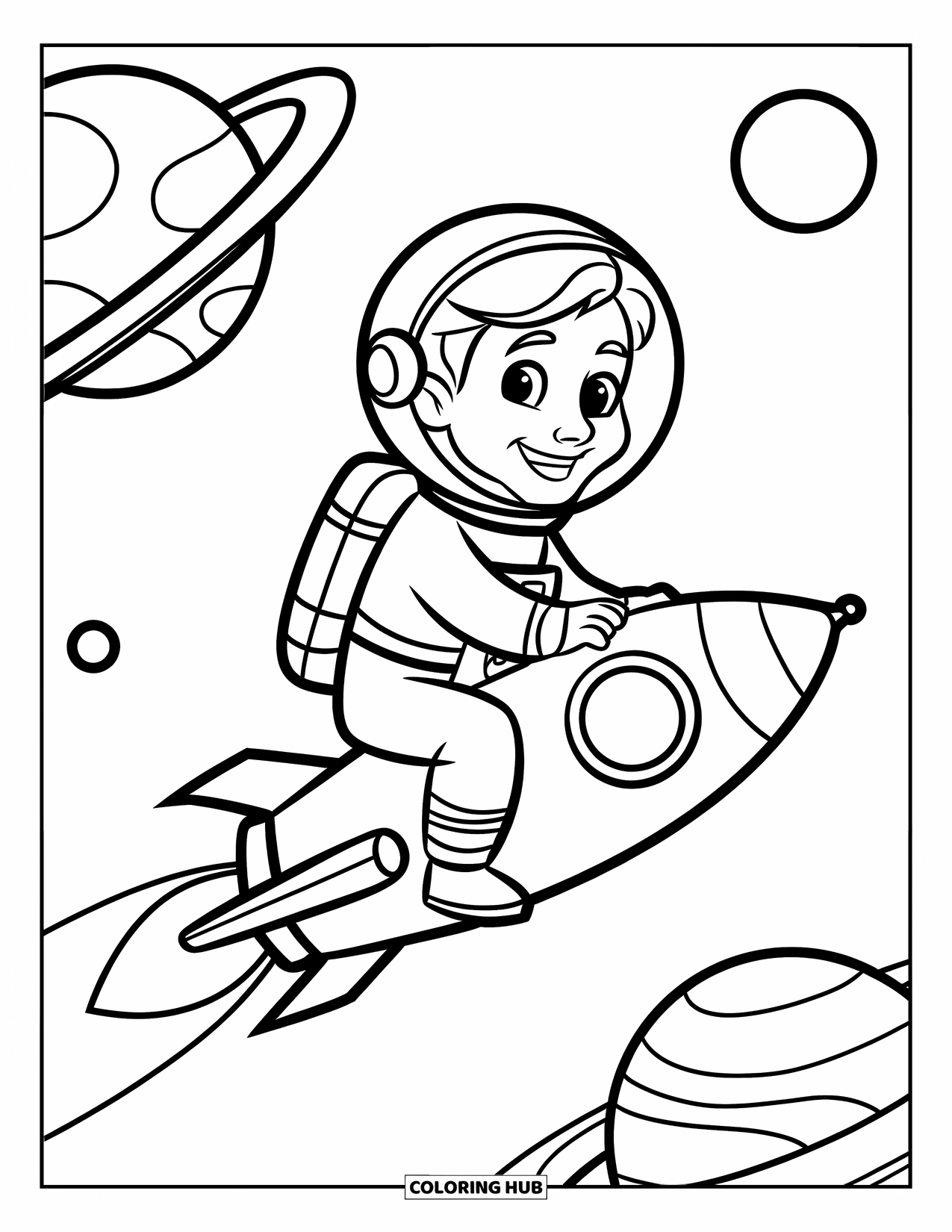 Astronaut Kleurplaat voor Kinderen: Een lachende astronaut rijdt op een kleine raket en zoomt langs planeten in de ruimte
