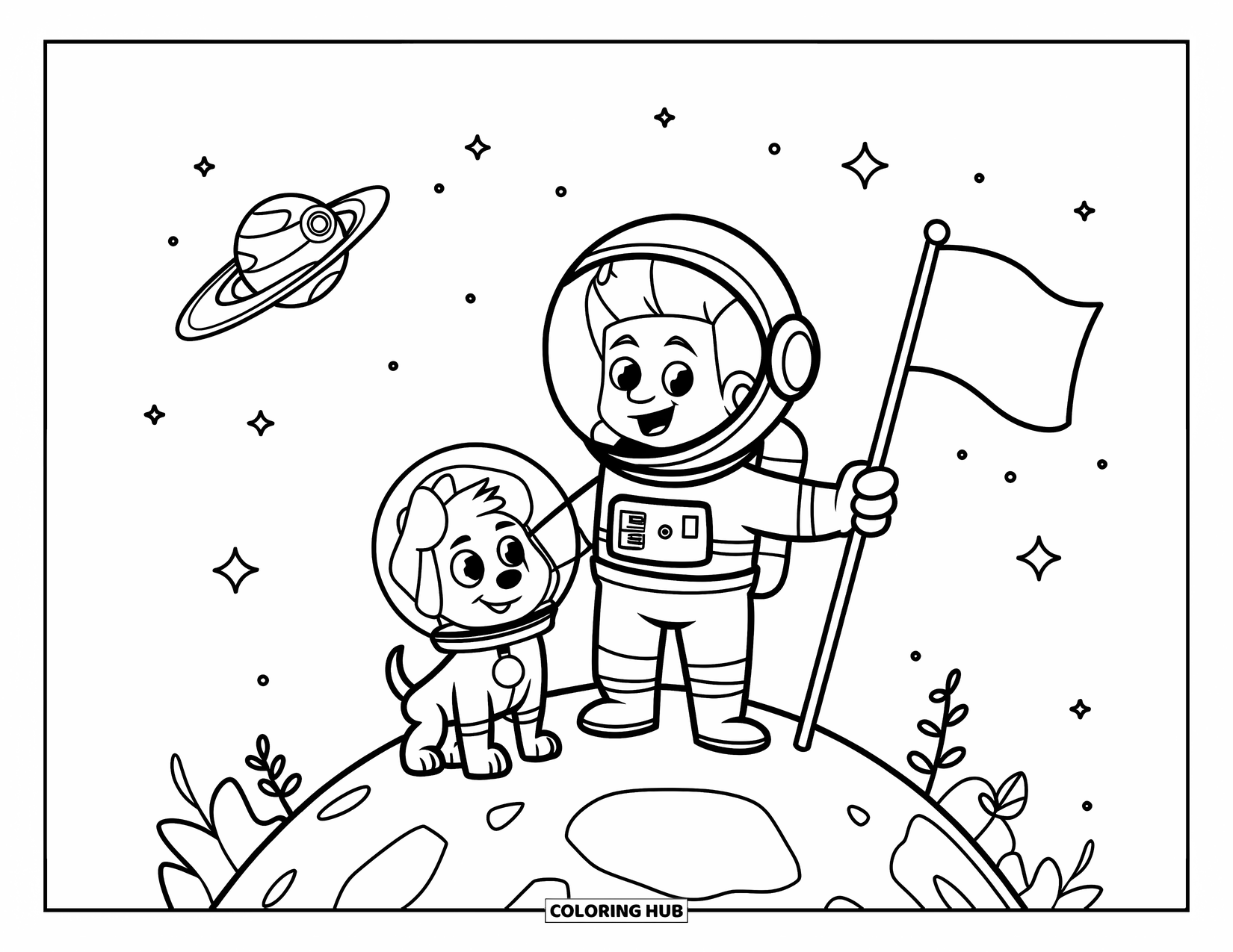 Astronaut Kleurplaat voor Kinderen: Een astronaut en hun hond, beiden in ruimtepakken, verkennen een rotsachtige planeet met kleine planten