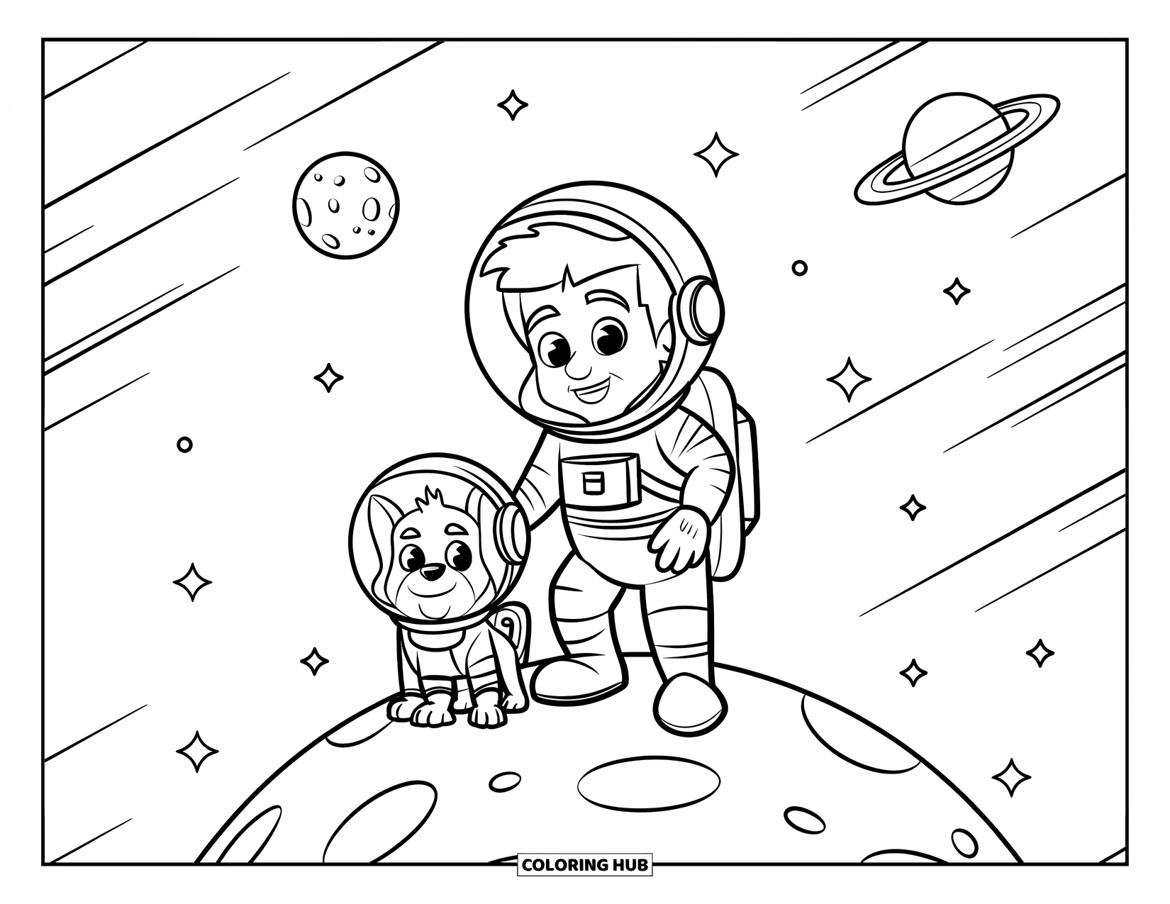 Astronaut Kleurplaat voor Kinderen: Een astronaut en hun hondje in mini-ruimtepakken staan op een planeet met sterren boven hun hoofd