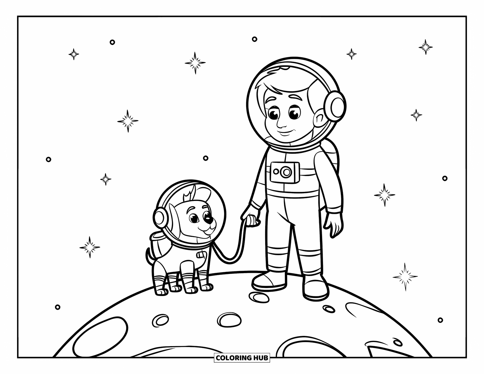 Astronaut Kleurplaat voor Kinderen: Een astronaut en hun kleine ruimtehond staan op een bekraterde planeet onder de nachthemel