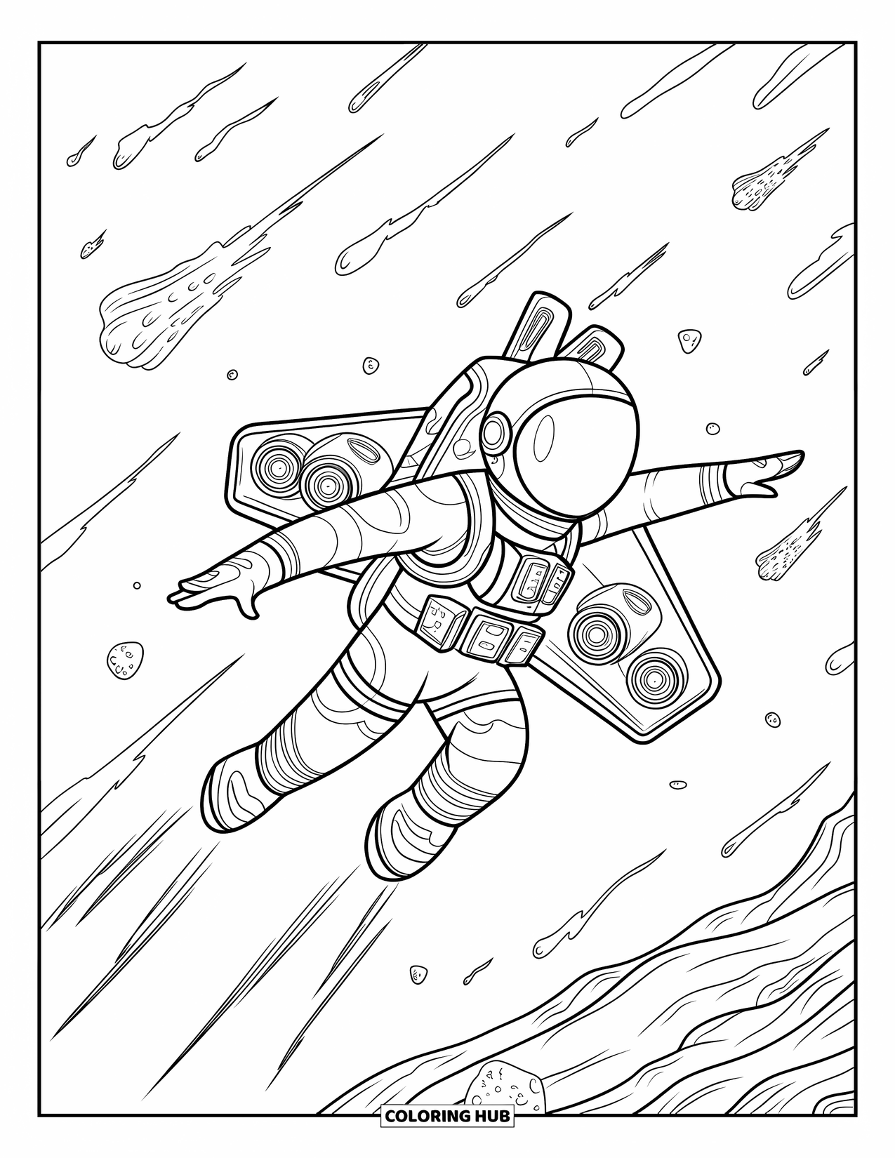 Astronaut Kleurplaat voor Kinderen: Een astronaut vliegt door een meteorenveld en ontwijkt asteroïden met een krachtige jetpack