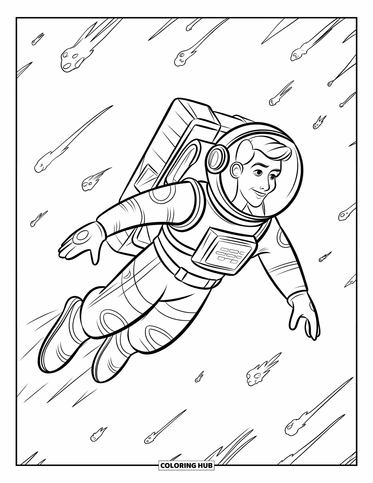 Astronaut Kleurplaat voor Kinderen: Een astronaut in een jetpack zweeft door de ruimte en weeft tussen asteroïden en meteoren