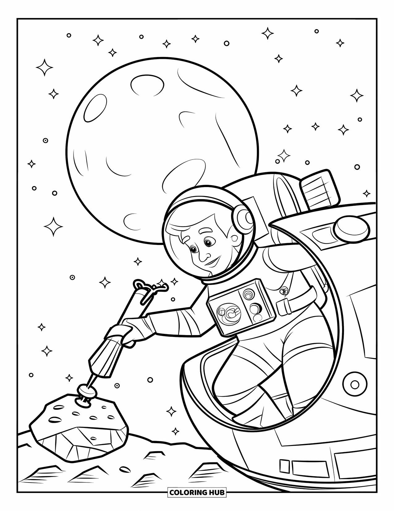 Astronaut Kleurplaat voor Kinderen: Een astronaut in een klein ruimteschip verzamelt asteroïde monsters met een robotarm