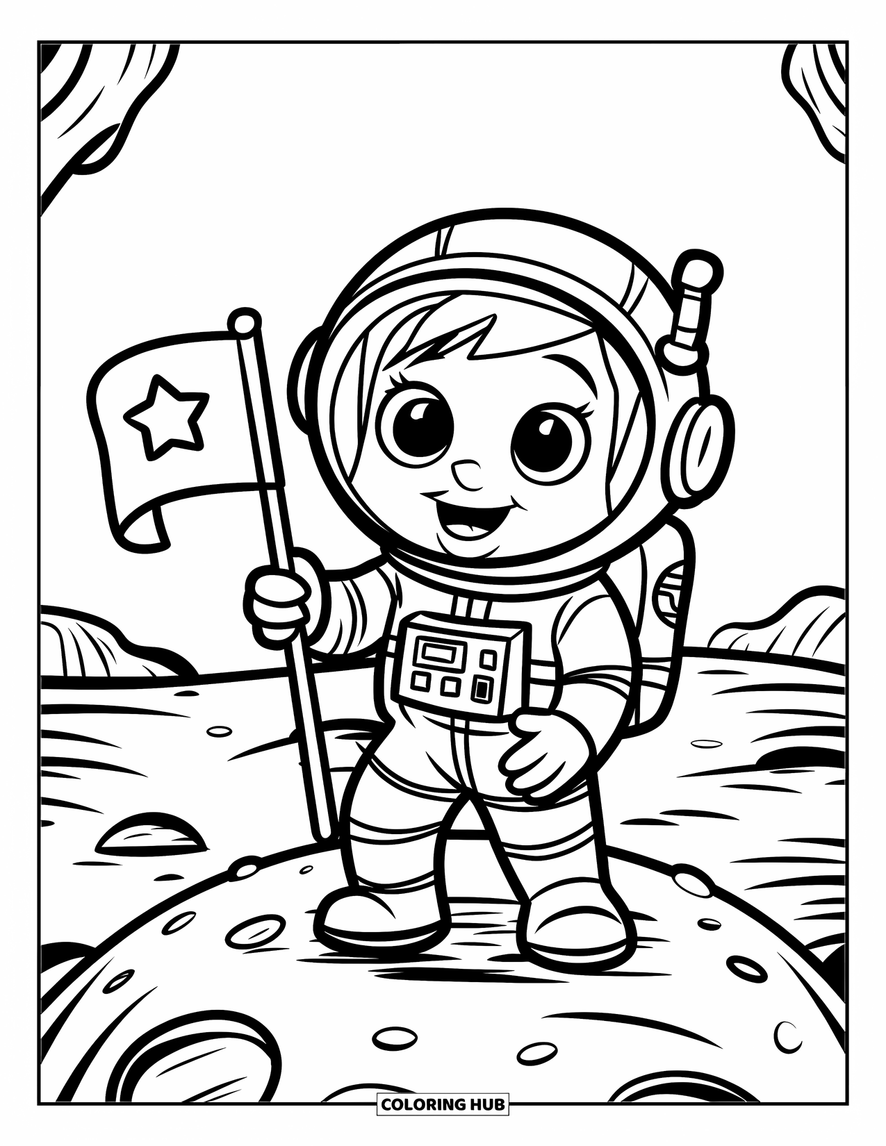 Astronaut Kleurplaat voor Kinderen: Een astronaut op de maan houdt een sterrenvlag vast, omringd door kraters en rotsen