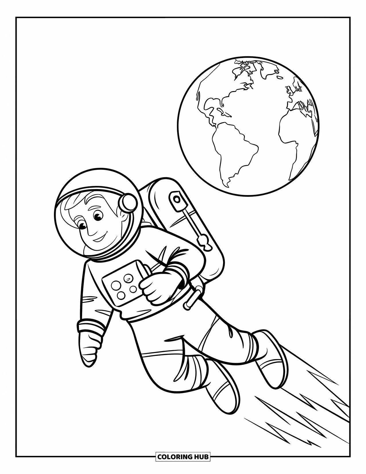 Astronaut Kleurplaat voor Kinderen: Een astronaut, met een helm op, zweeft met een jetpack door de ruimte