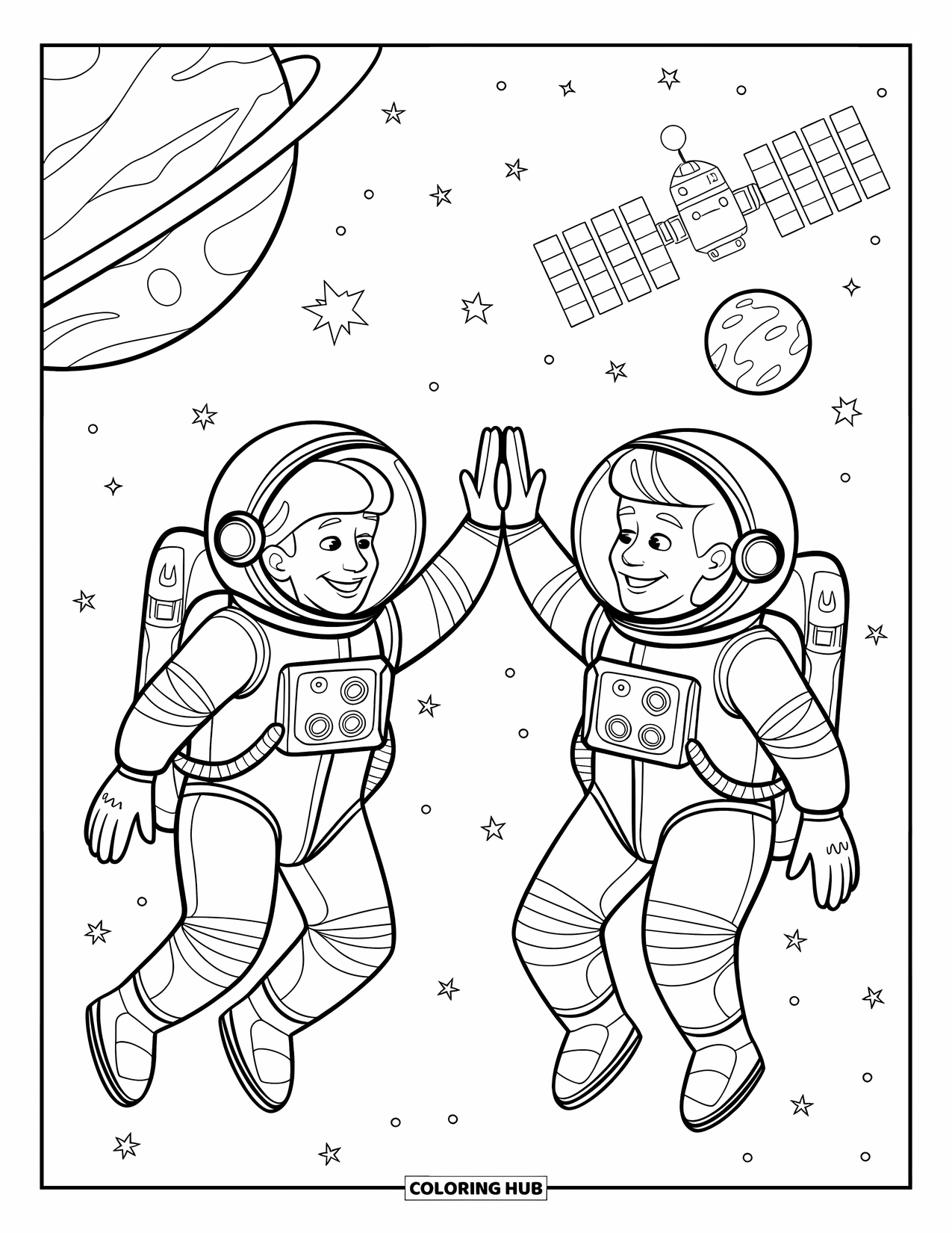 Astronaut Kleurplaat voor Kinderen: Twee astronauten geven elkaar een high-five terwijl ze in de ruimte zweven in de buurt van een planeet en een satelliet