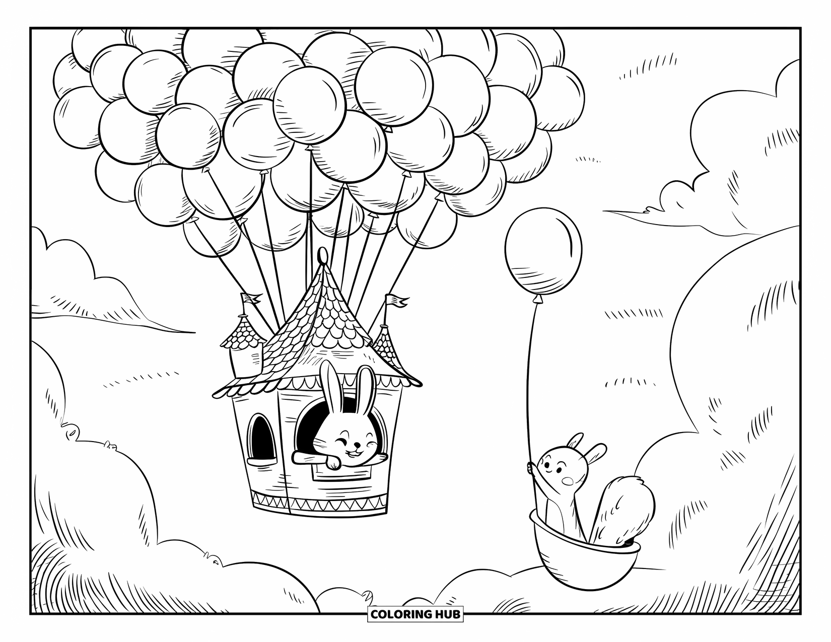 Dibujo de globo para colorear para adultos: Un conejito asoma desde un castillo flotante, saludando a una ardilla que se desliza en un globo
