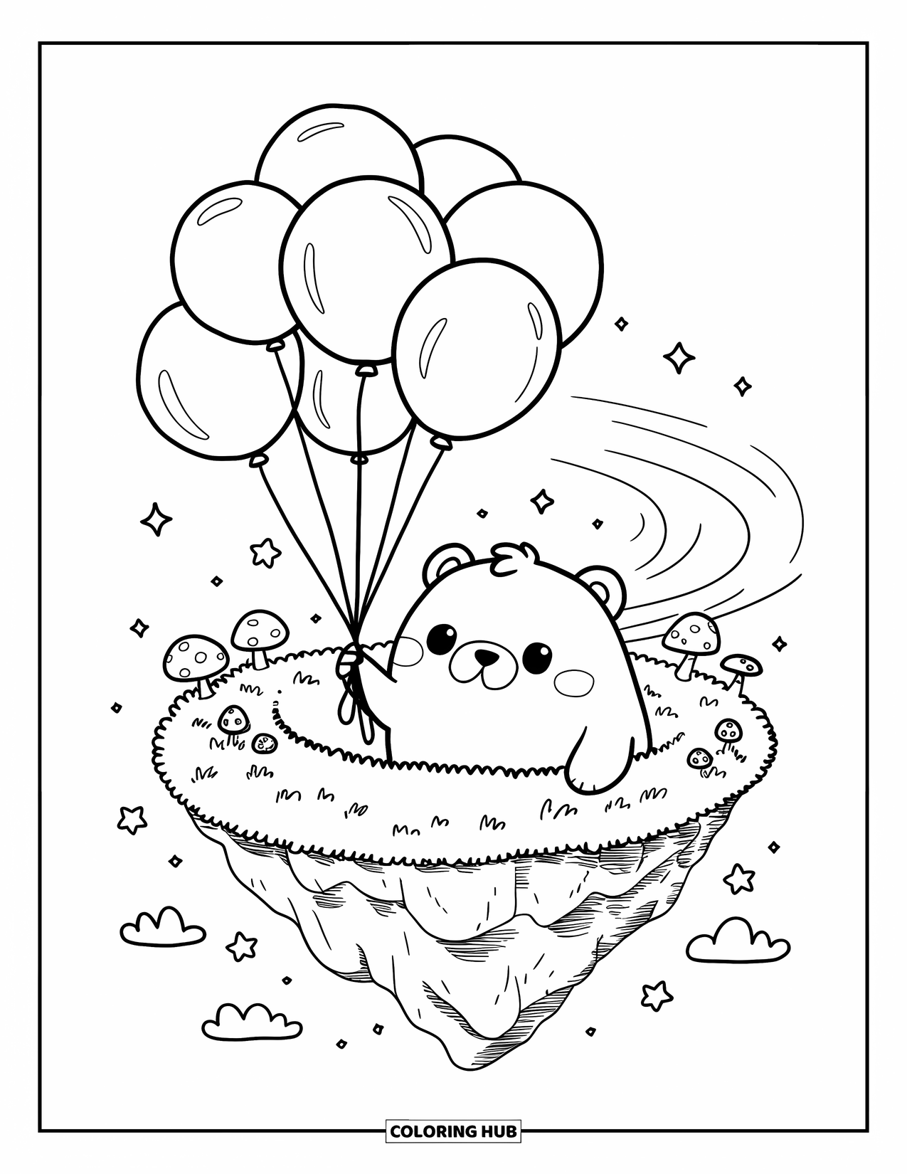 Dibujo de globo para colorear para adultos: Un oso gordito asoma por encima de una isla flotante, agarrando globos mientras los hongos se balancean debajo