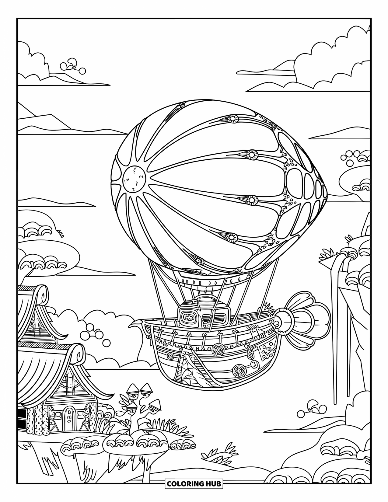 Dibujo de globo para colorear para adultos: Una aeronave detallada flotando sobre un pueblo flotante rodeado de montañas y cascadas